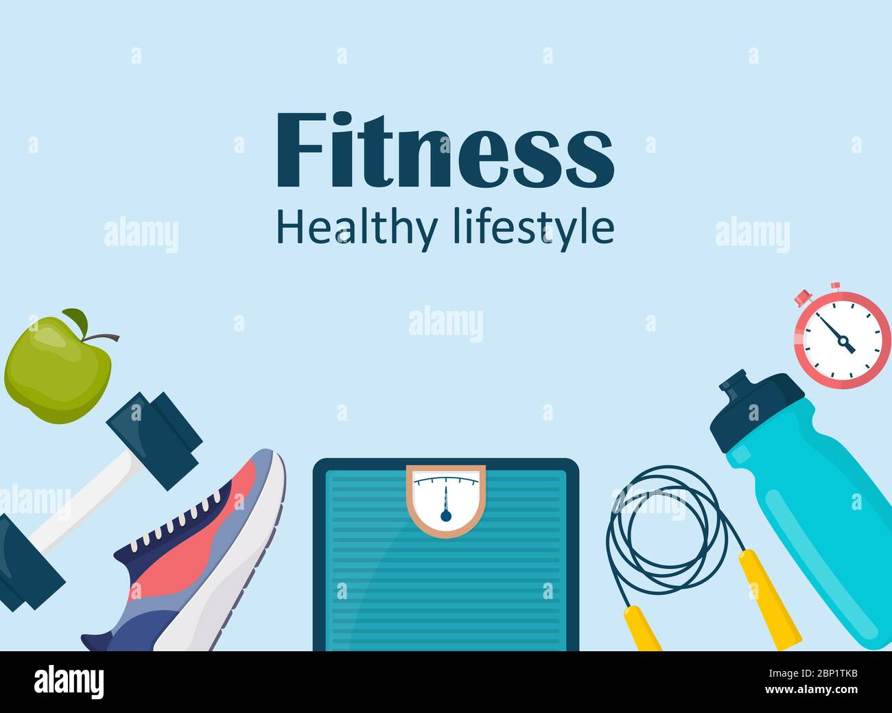 Fitness, sport, diet and healthy lifestyle banner with copy space and training equipment. Running, sport and gym icons set. Vector illustration in fla Stock Vector