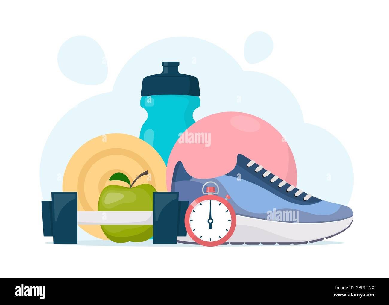 Fitness, sport, diet and healthy lifestyle elements composition for gym banner. Sports training equipment. Vector illustration in flat style Stock Vector