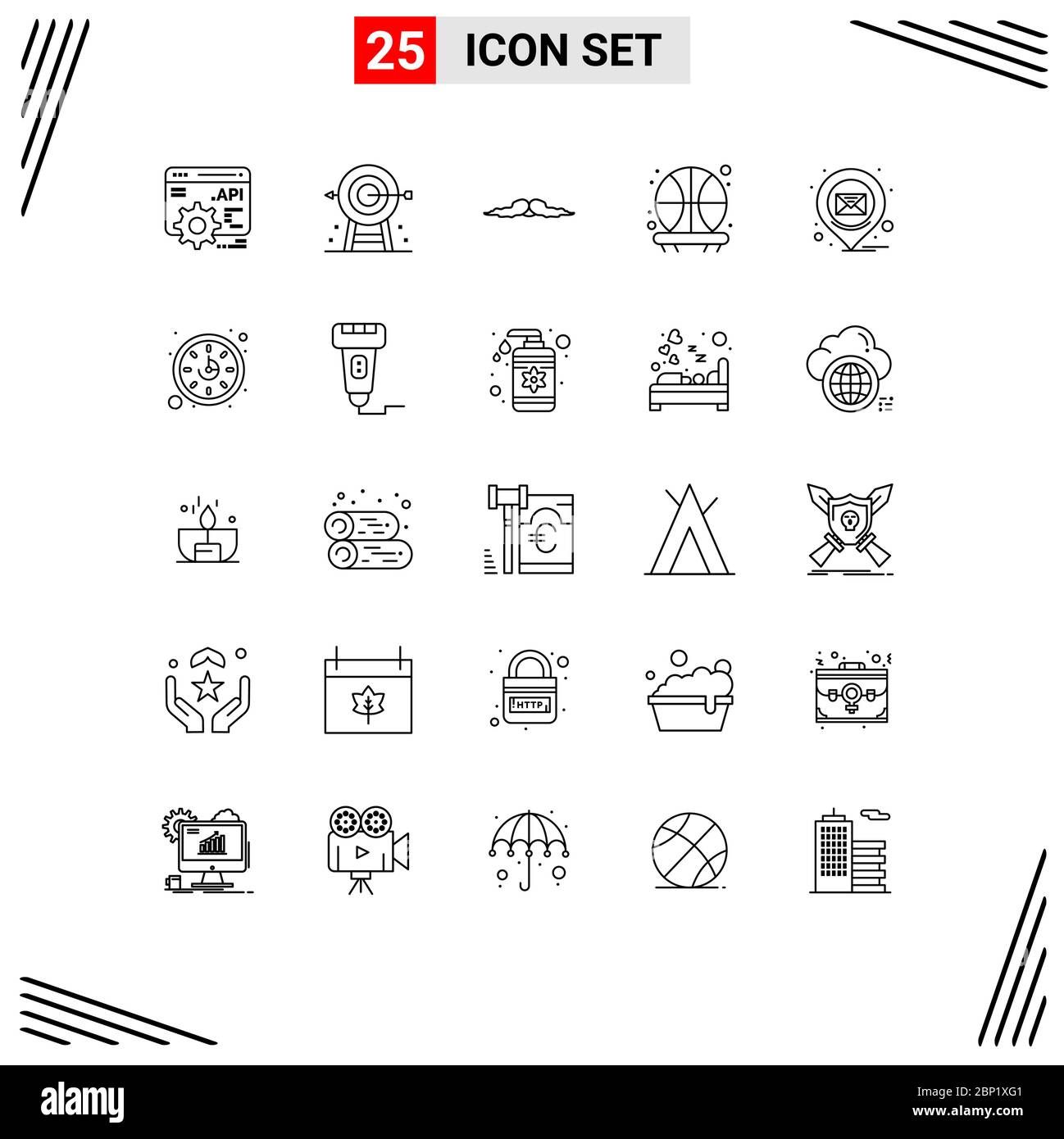 Modern Set of 25 Lines and symbols such as location, shot, moustache, basketball, men Editable Vector Design Elements Stock Vector