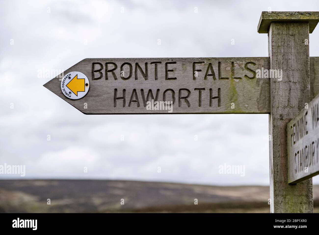 Signpost on The Bronte way and Pennine Way near Haworth. Pointing to ...