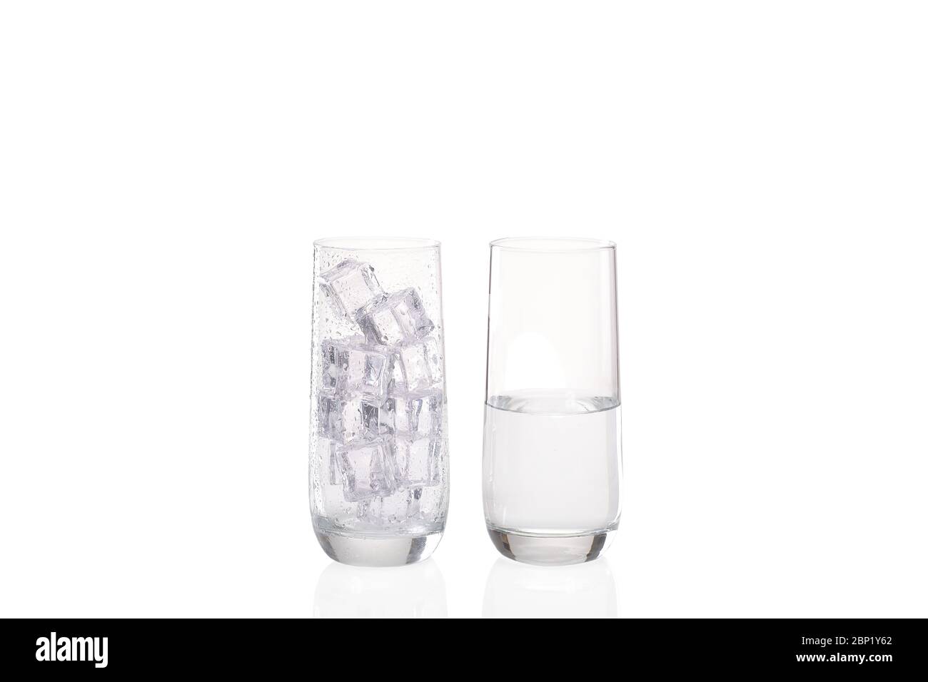 Ice melting concept with one glass with condensation droplets on the outside and full of ice and a second image of another glass half full of water sh Stock Photo