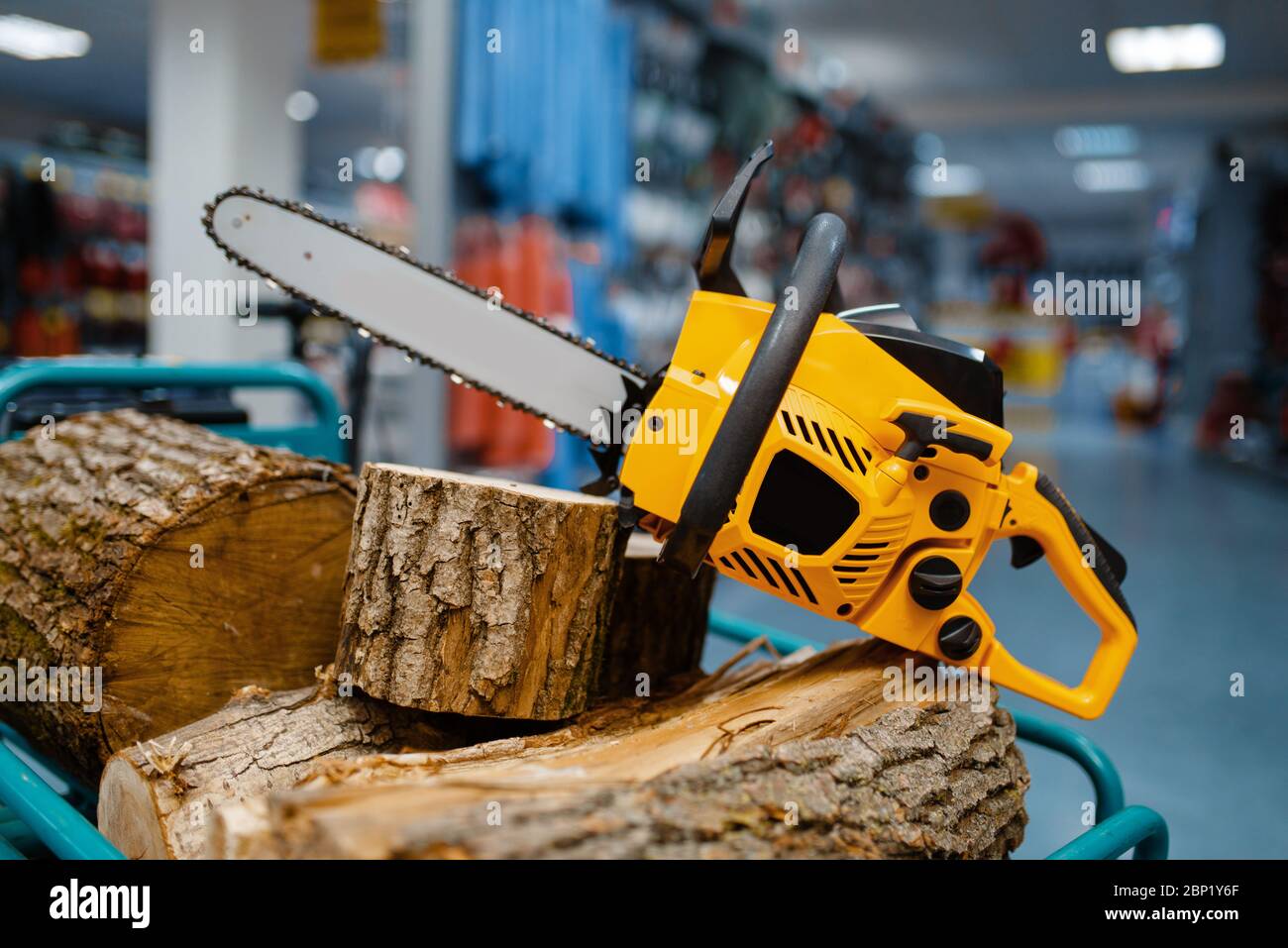 Chainsaw in power tool store closeup, nobody Stock Photo
