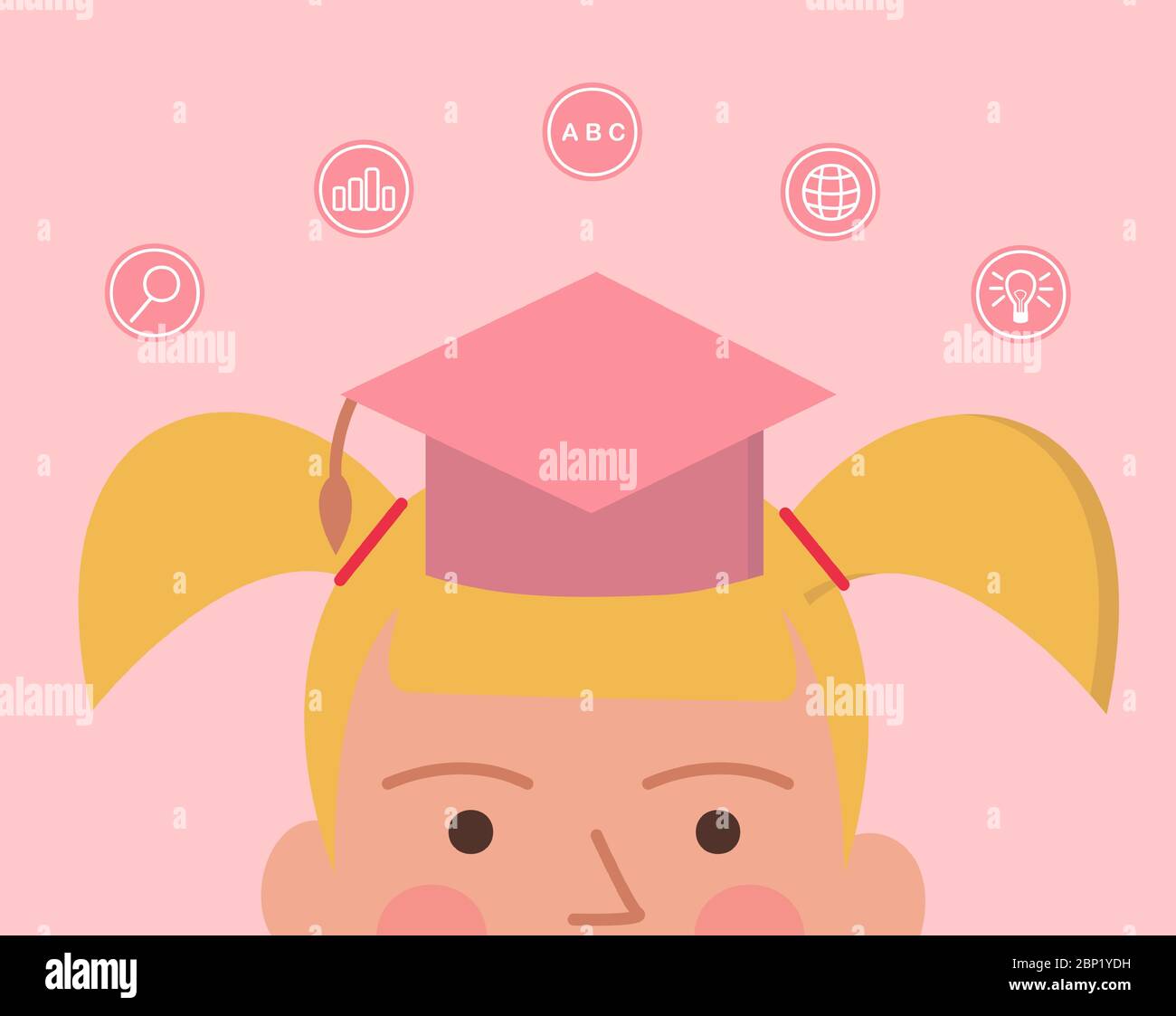 Concept online education. Vector illustration of little girl in education hat Stock Vector