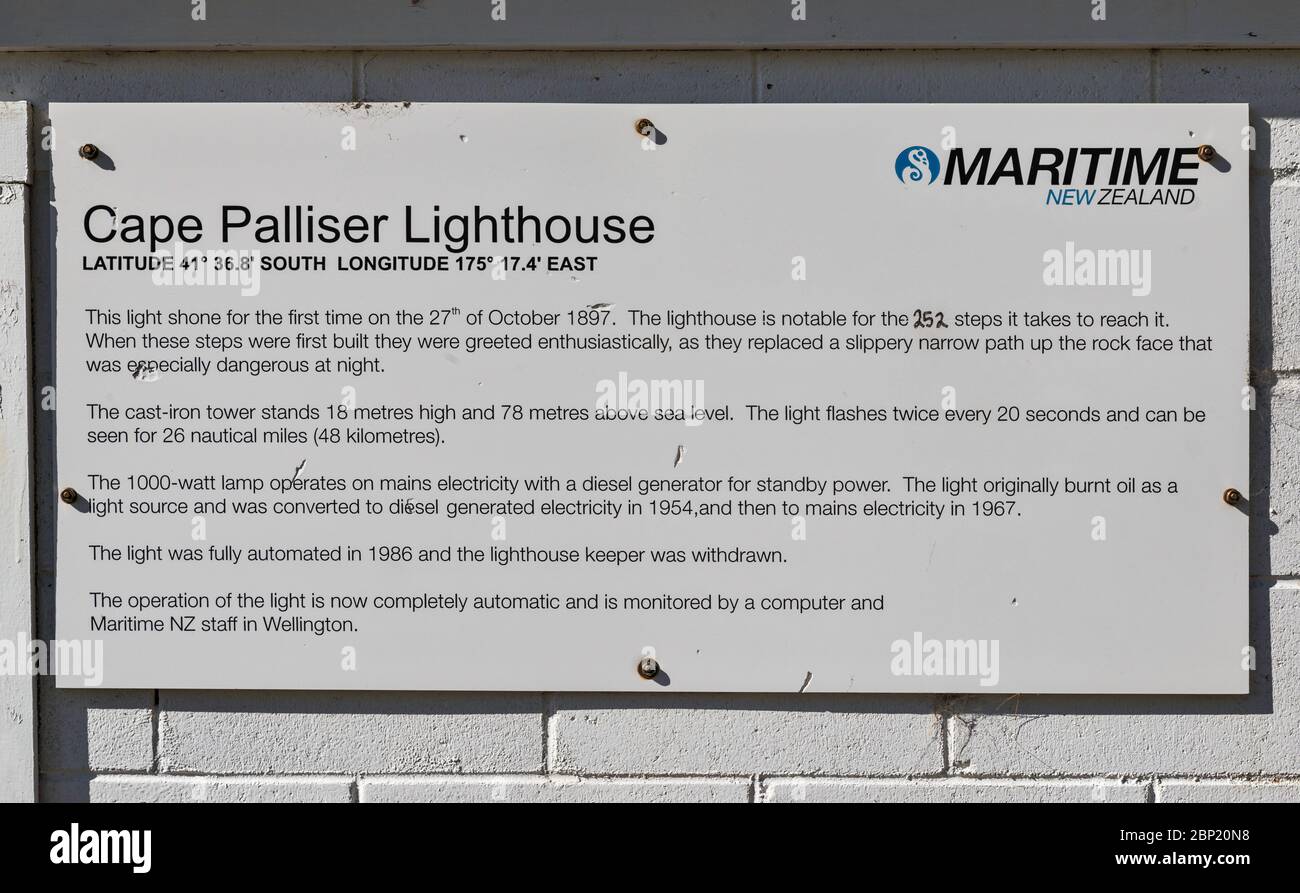 Information sign at Cape Palliser Lighthouse, South Wairarapa Coast, Wellington Region, North Island, New Zealand Stock Photo