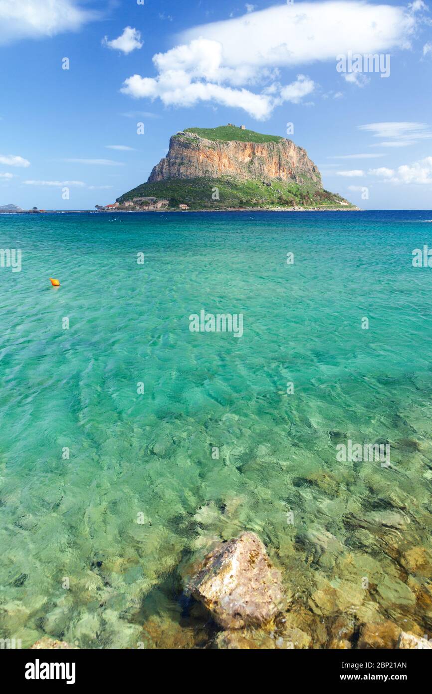 The rock of the castletown of Monemvasia, often called the 'Greek Gibraltar, in Laconia region, Peloponnese, Greece. Stock Photo