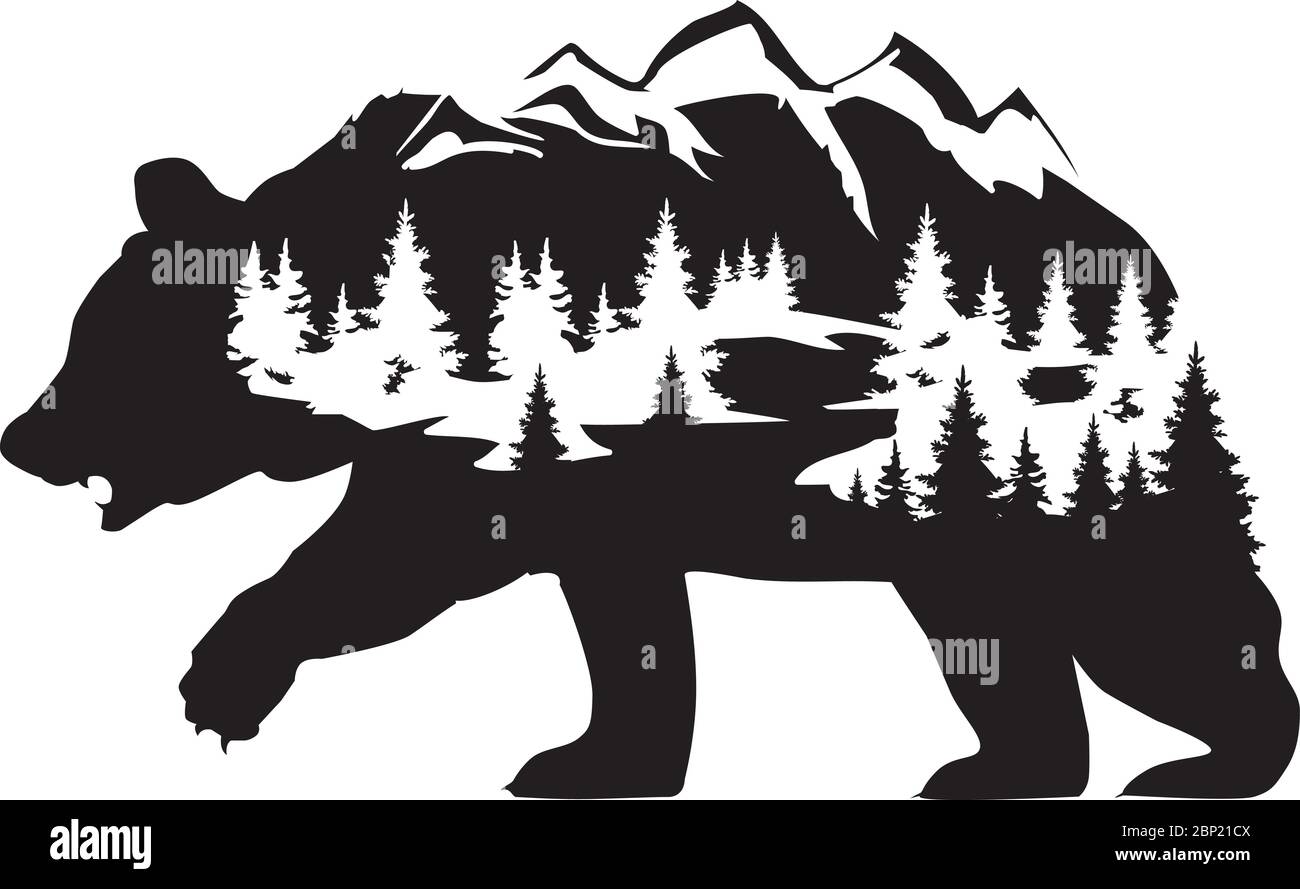 vector illustration of a bear silhouette with forest and mountains. fantasy bear nature, wilderness background. Stock Vector