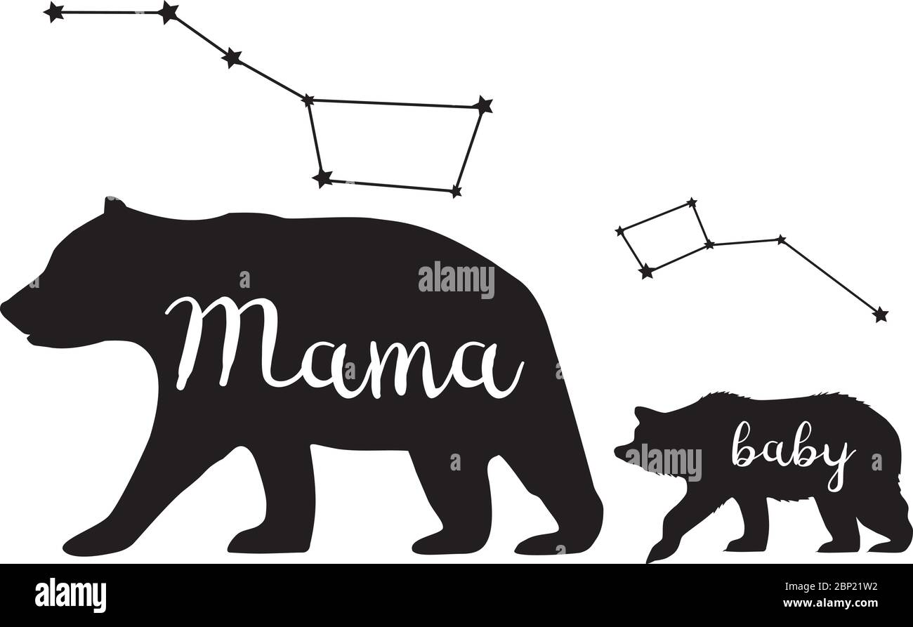 vector illustration of a mama bear and baby bear silhouettes. bear, animal, nature, wilderness background. Constellation bear. Stock Vector