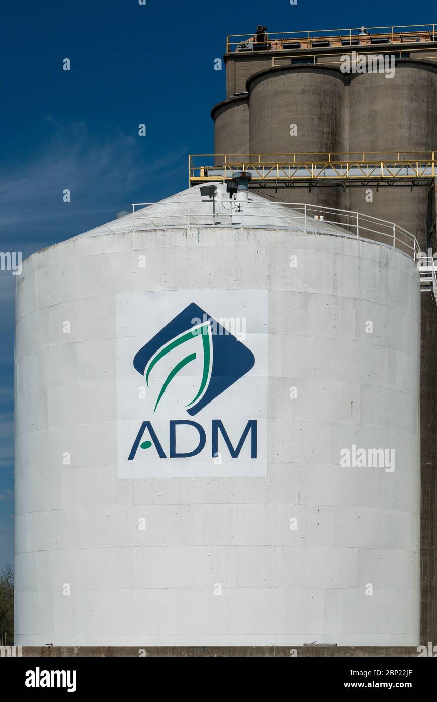 RED WING, MN/USA - May 2, 2020: Archer Daniels Midland food processing facility and trademark logo. Stock Photo