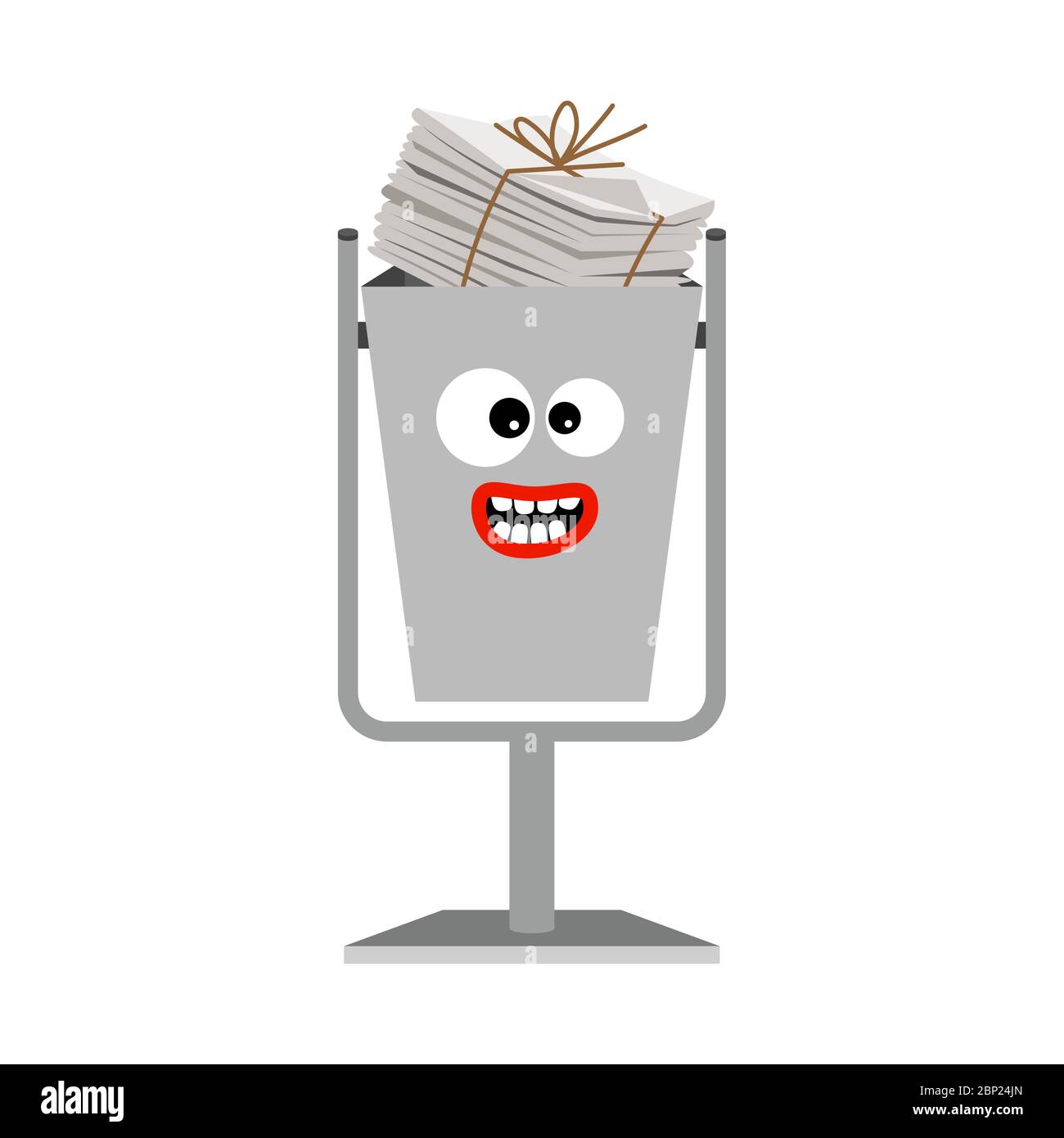 Garbage can with paper trash isolated on the white background, vector