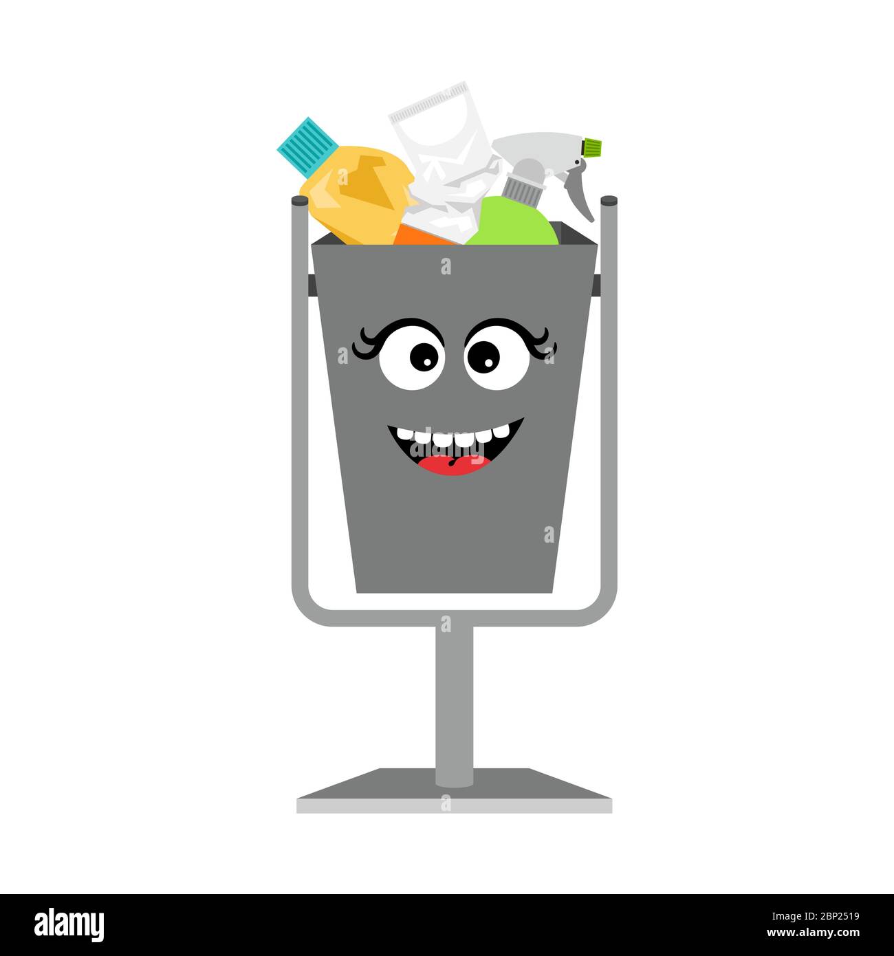 Garbage can with waste trash isolated on the white background, vector illustration Stock Vector