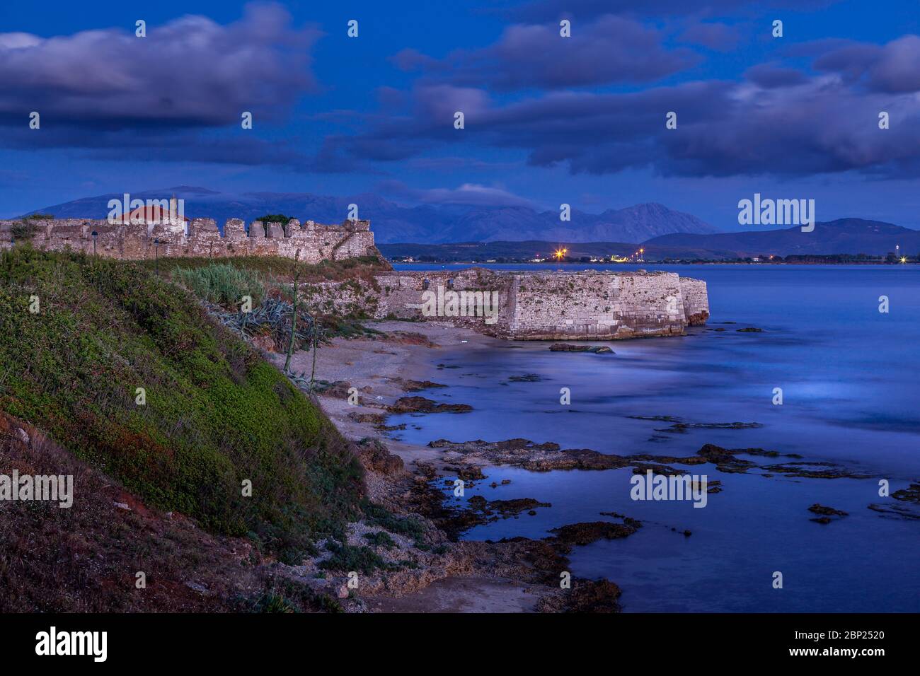 Blue hour at the castle of Pantokratoras, in Preveza town, Epirus, Greece. Stock Photo