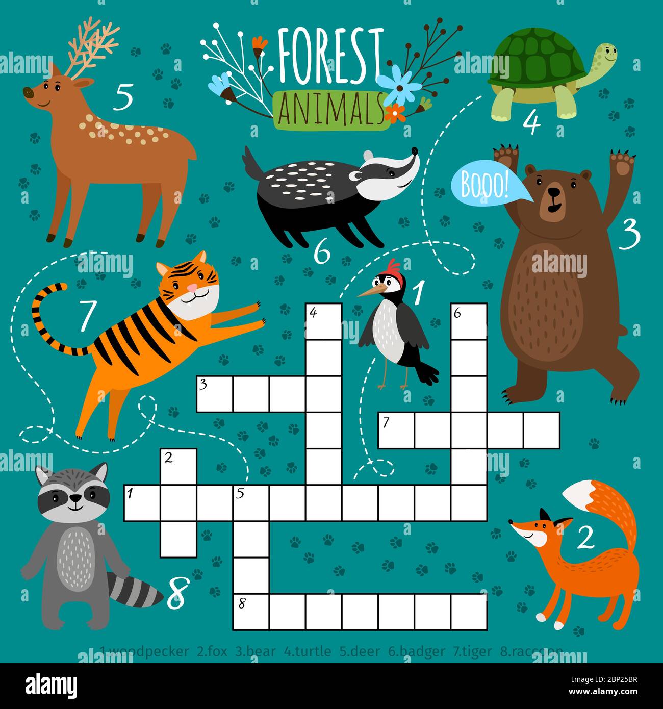 Printable animal crossword. Preschool puzzle quiz game, learning english  kids brainteaser with forest animals, vector illustration Stock Vector  Image & Art - Alamy