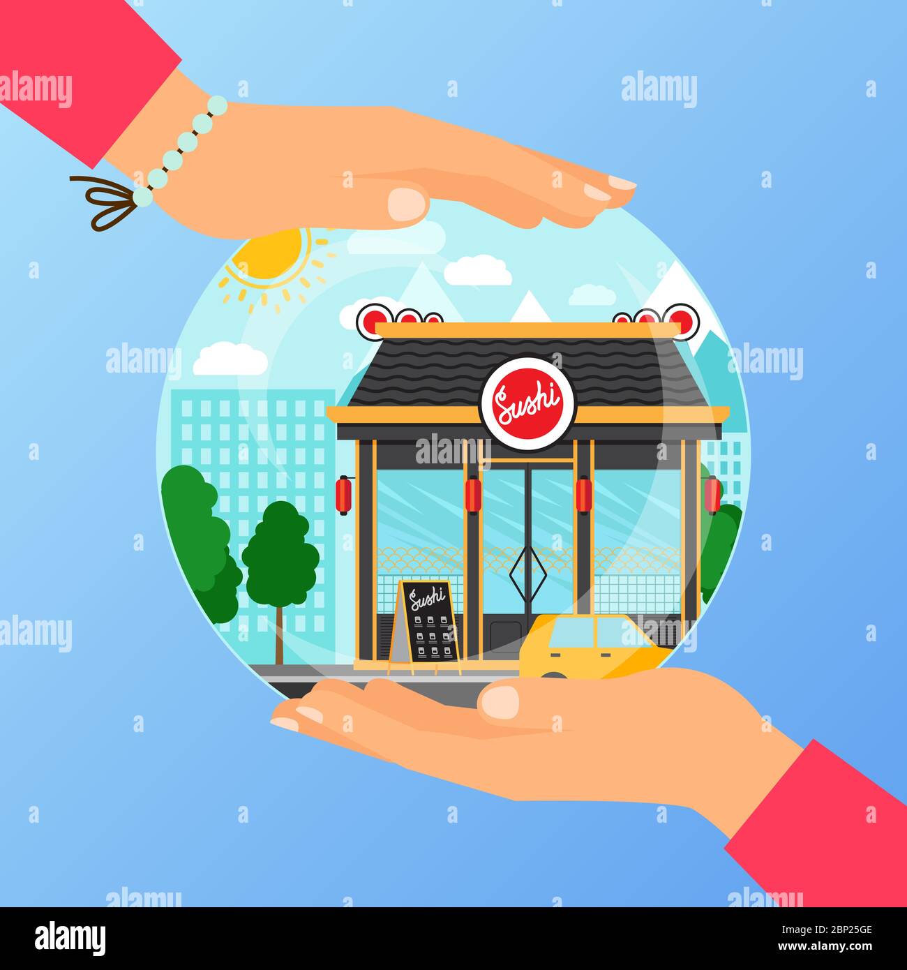 Business concept for opening the institution of sushi restaurant. A woman is holding a glass ball with her hands, vector illustration Stock Vector