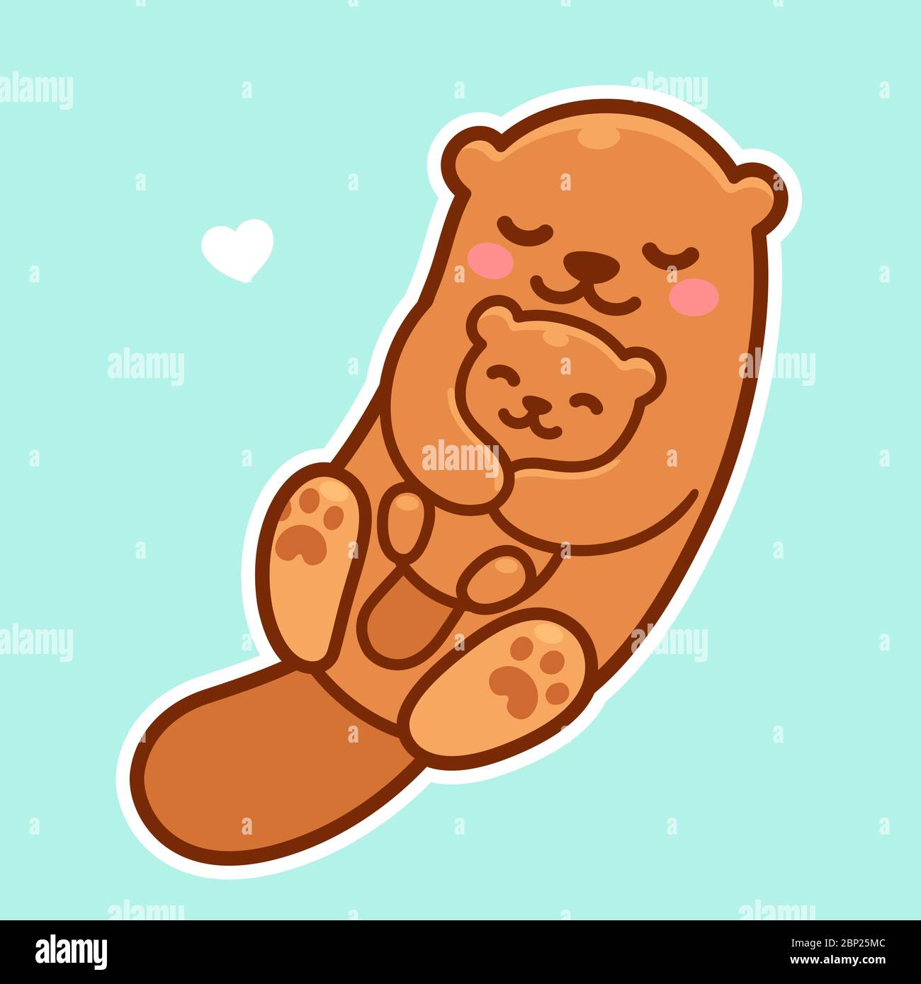 Cute cartoon otter mom hugging baby cub, Mother's Day drawing. Simple kawaii clip art illustration. Stock Vector