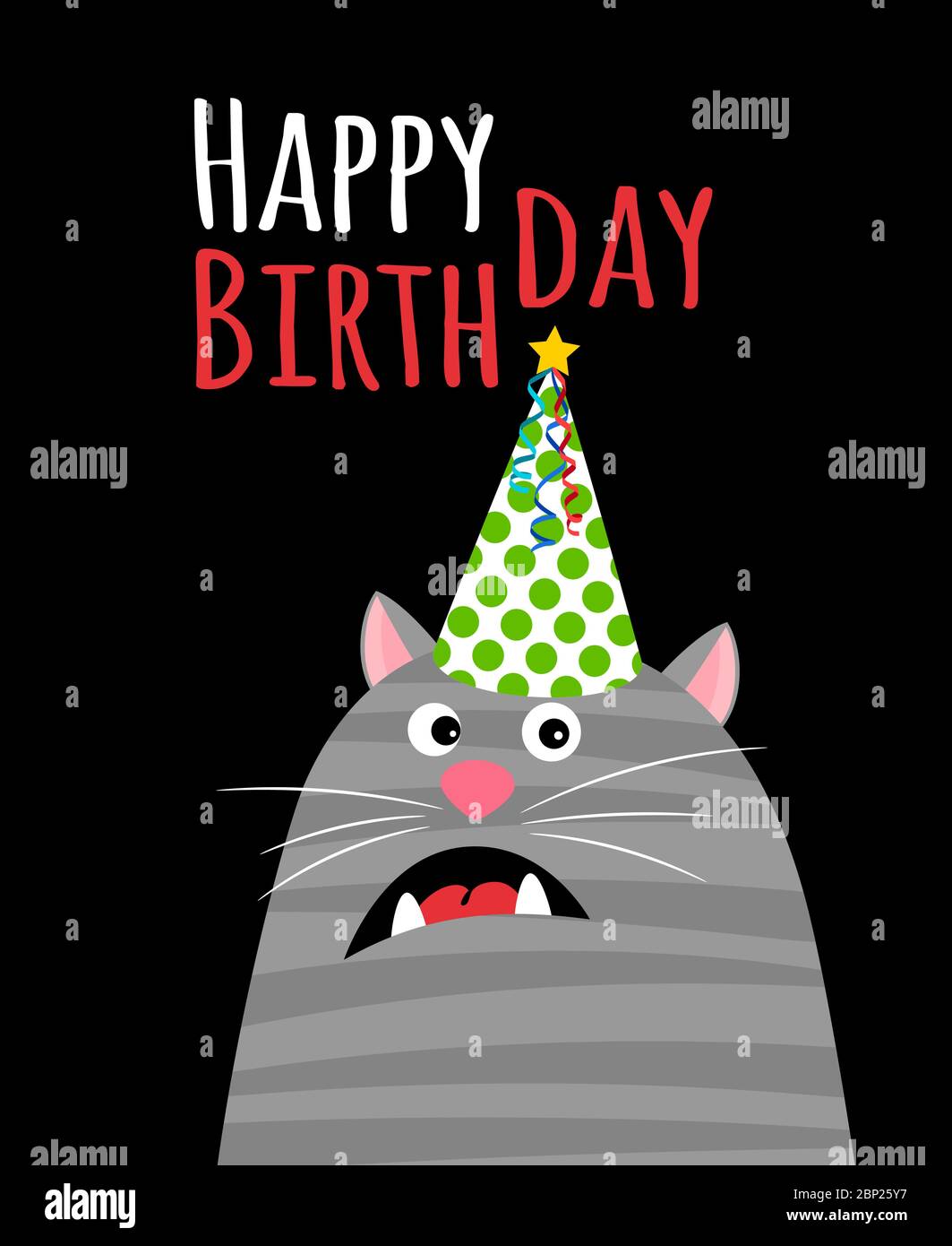 Happy birthday cat card. Fashion funny gift vector illustration with comic  pretty cat Stock Vector Image & Art - Alamy