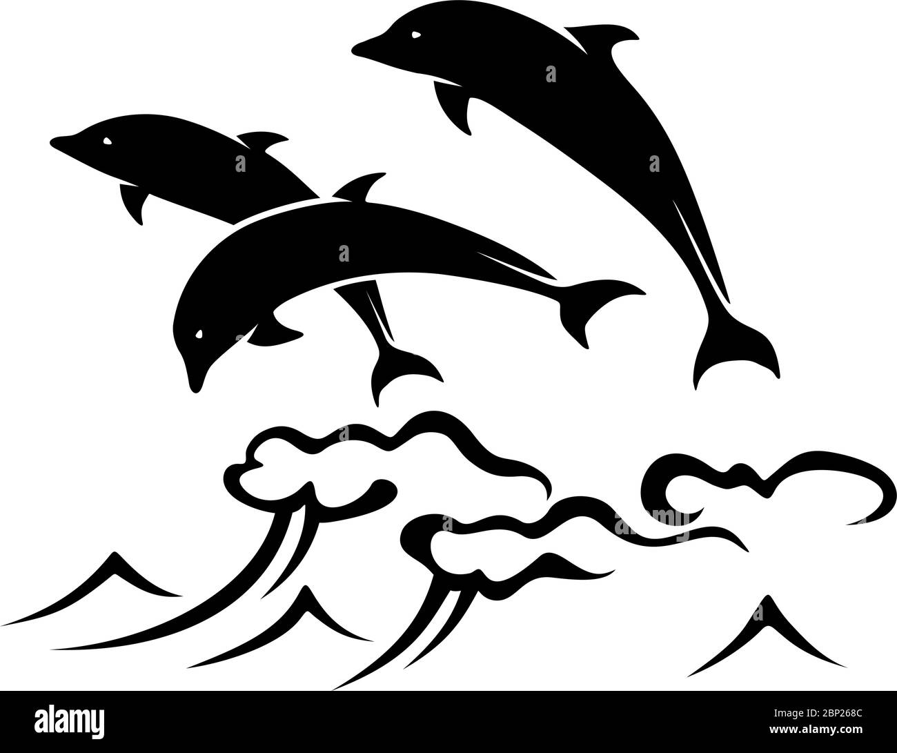 Three dolphins jumping out of the ocean waves. Vector black and white illustration. Stock Vector
