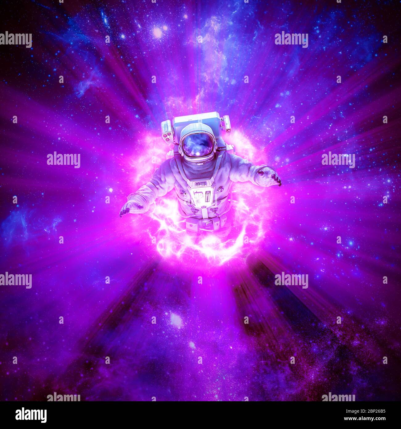 Galactic wormhole exploration / 3D illustration of science fiction scene with astronaut passing through glowing energy portal in outer space Stock Photo