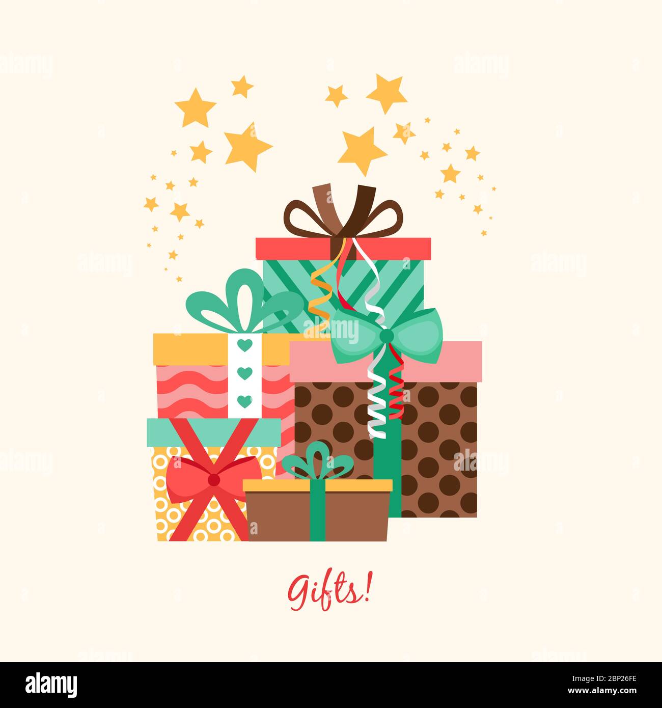 Five gift boxes in flat style, vector poster design Stock Vector Image