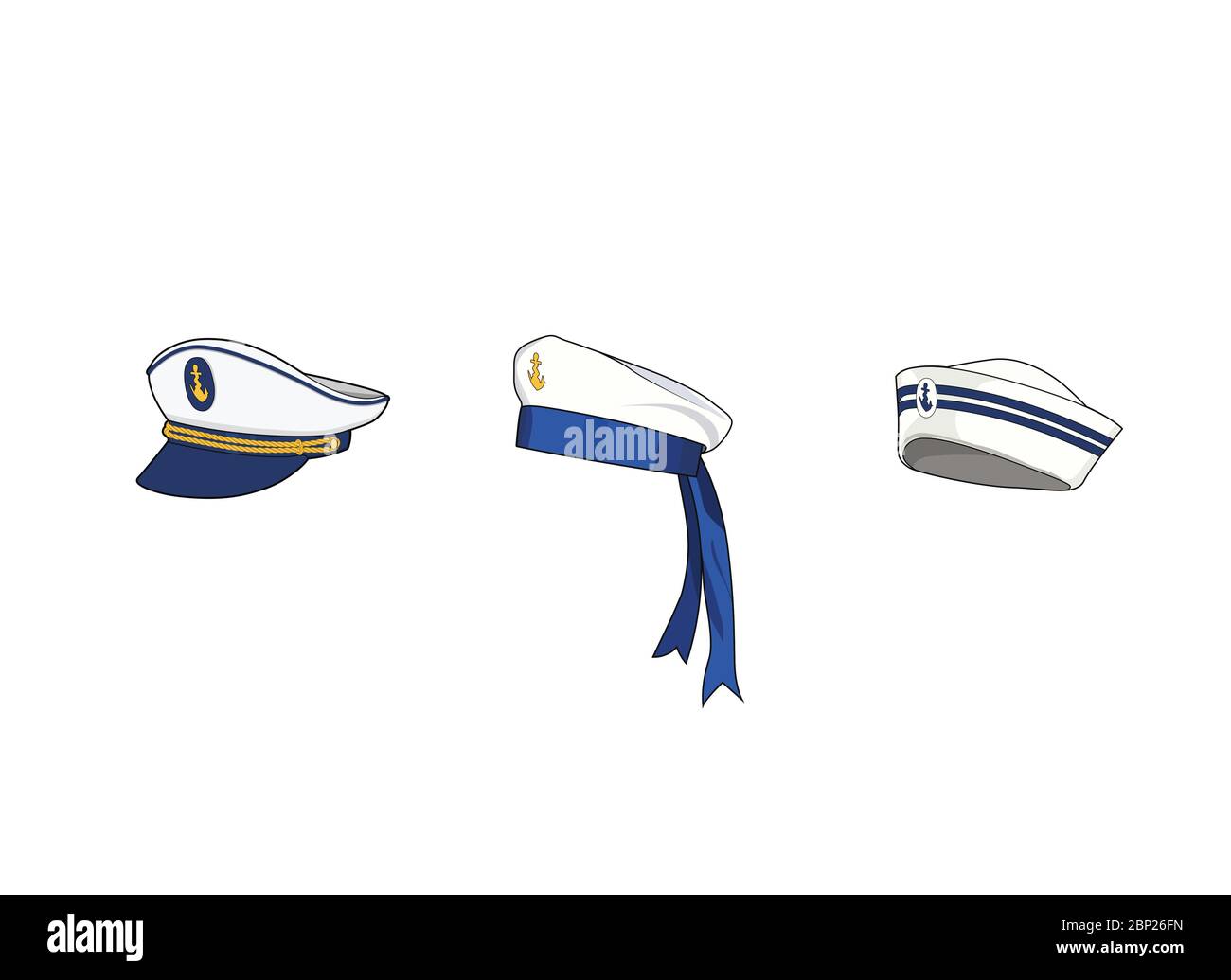 Marine hat set. Sea forces captain cap, sailor hat. Boat crew uniform