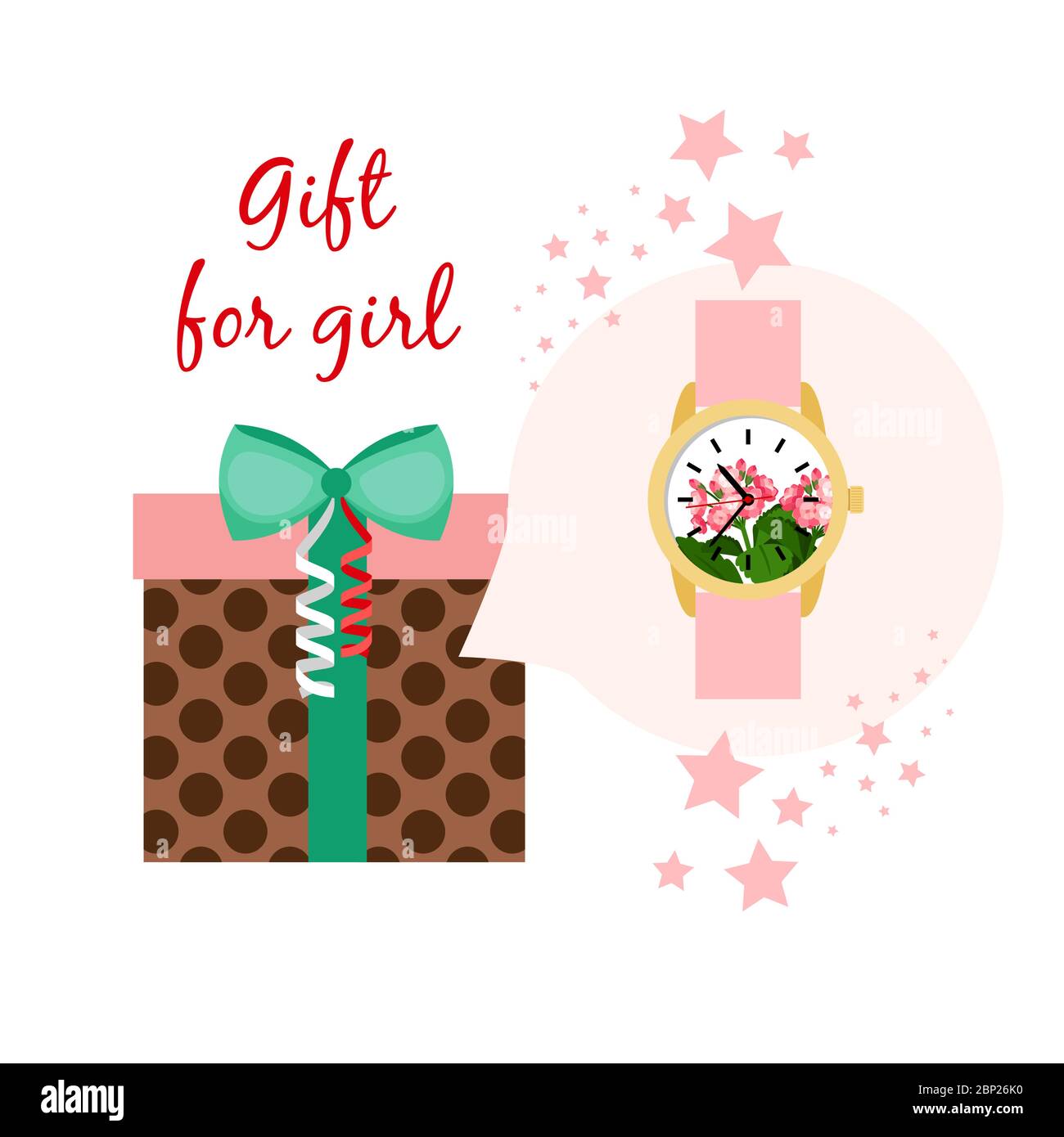 Clocks gift for girl. Digital hands pink watch and gift box, vector