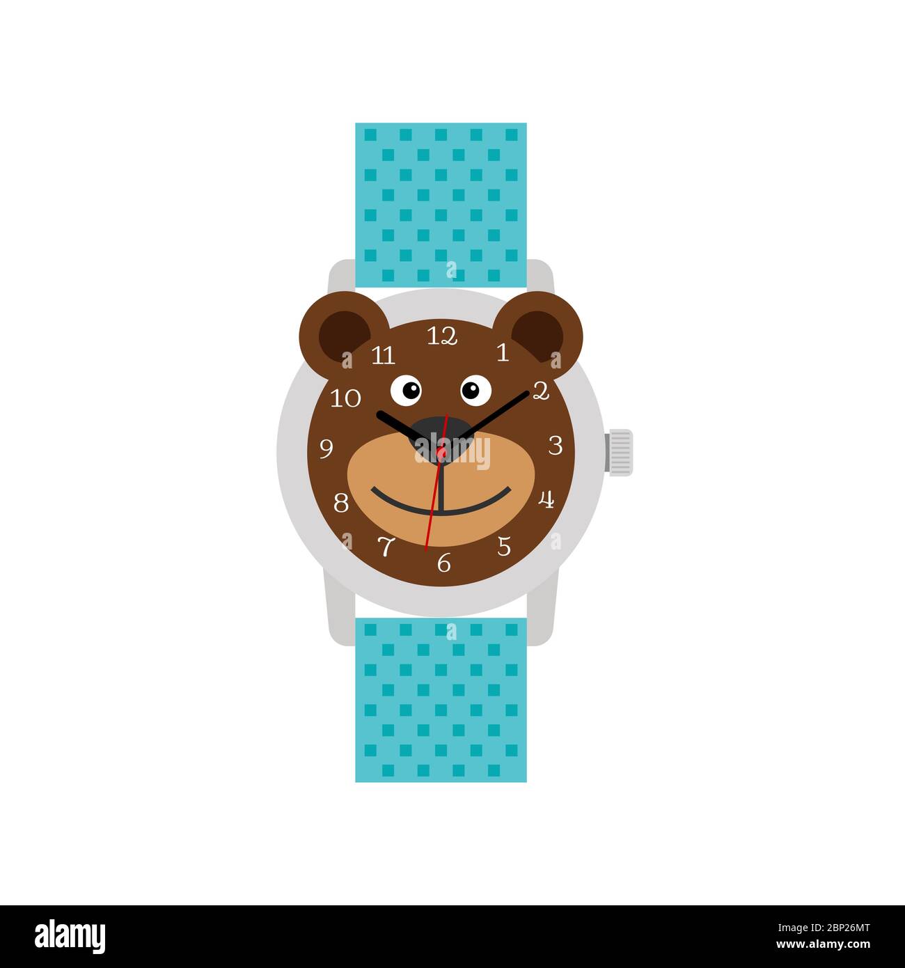 Cute blue hand watch for kid with funny bear isolated on white, vector illustration Stock Vector