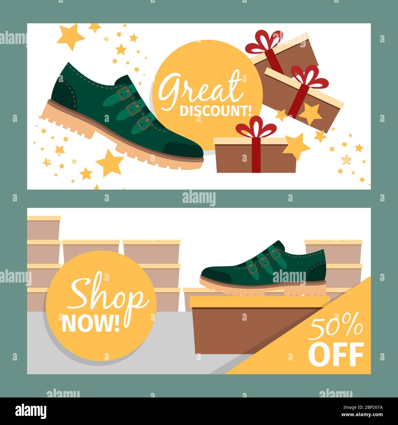 Men shoes horizontal banners. Vector summer fashion model green man shoe store and discount, vector illustration Stock Vector