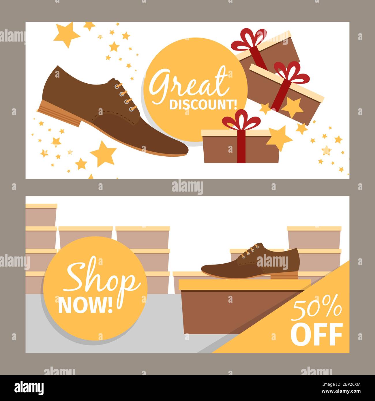Men shoes horizontal banners for advertising. Vector fashion model man shoe store and discount Stock Vector