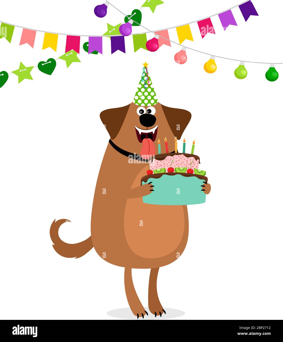 Happy birthday card with cartoon dog, cake and bounting flags ...