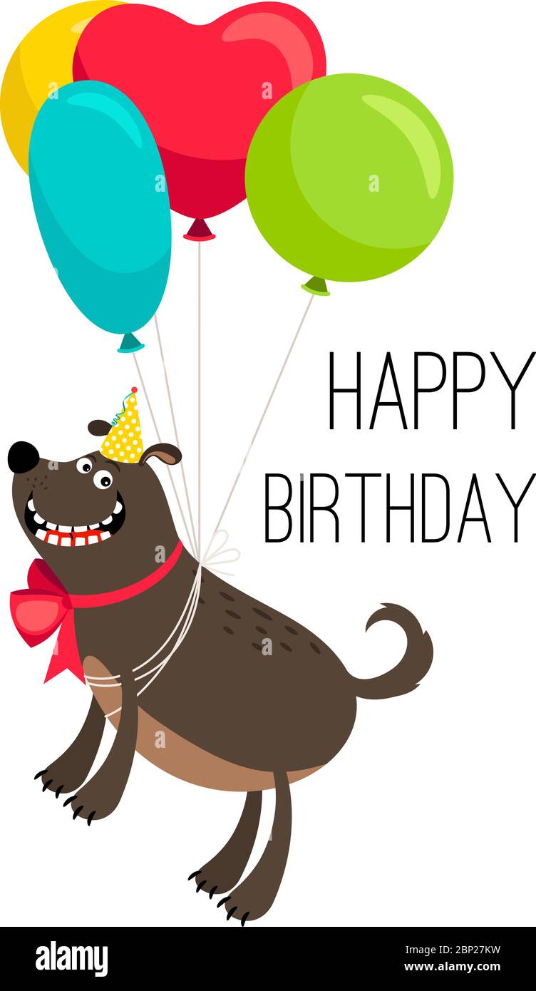 Happy birthday dog card. Cartoon birthday holiday poster with cute happy  dog pet on balloons vector illustration Stock Vector Image & Art - Alamy