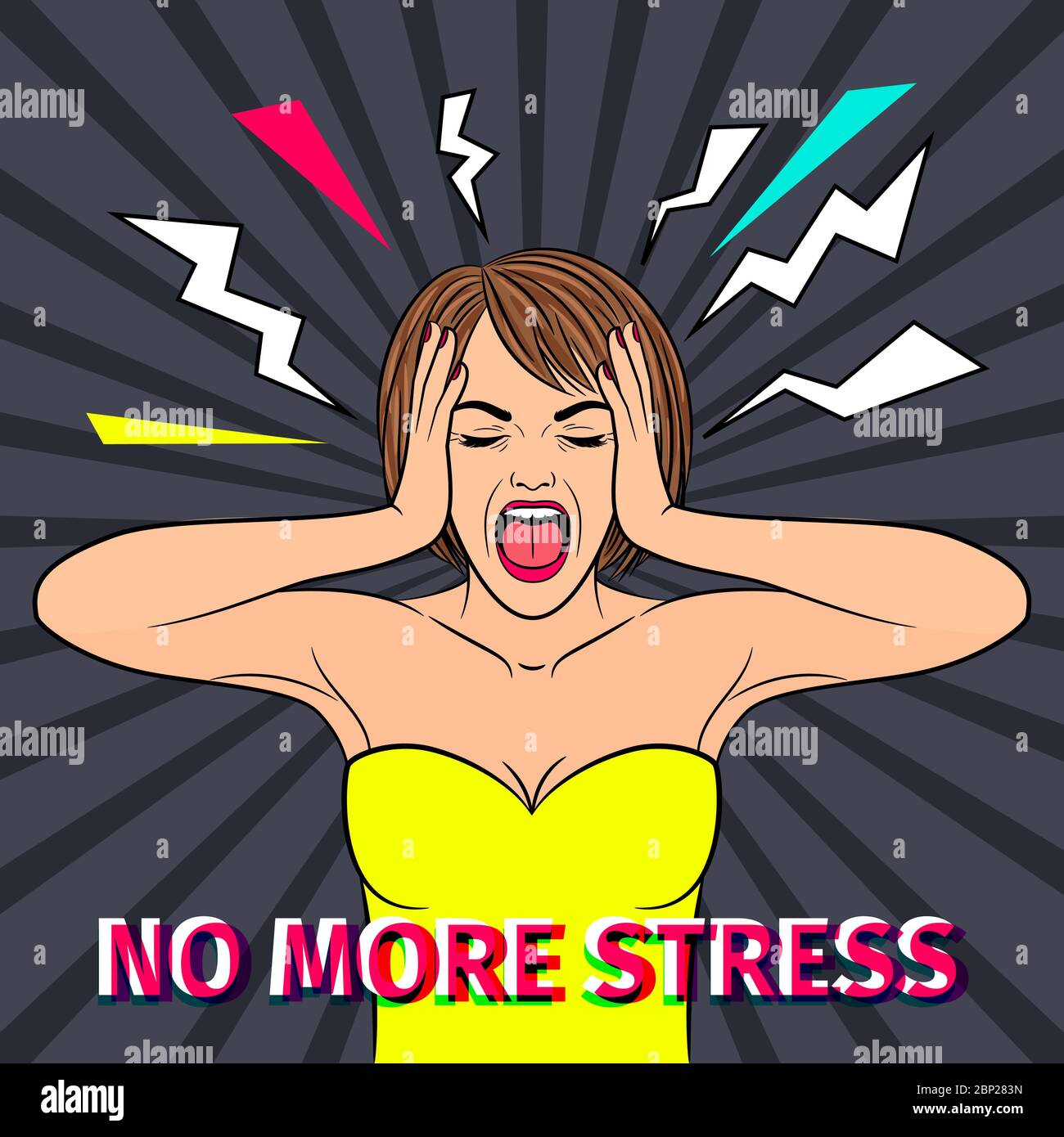 No stress. Shocked and scared retro woman face with no more stress text, vintage screaming girl vector illustration Stock Vector