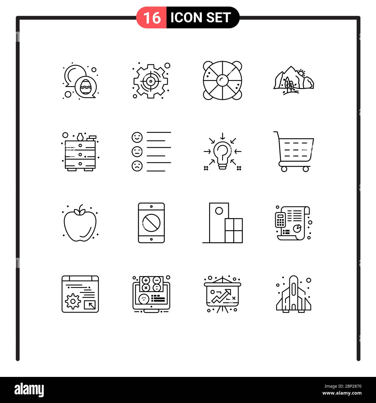 Pack of 16 creative Outlines of mountain, landscape, target, hill, sea Editable Vector Design Elements Stock Vector