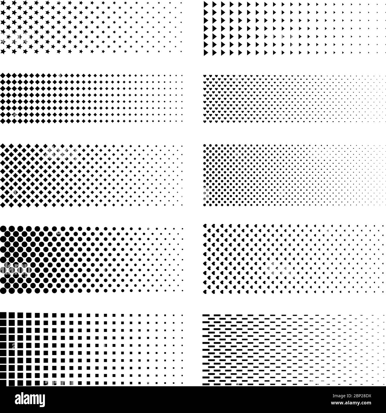 Dotted gradient set. Vector fading circle dots textures and black halftone moire patterns on white Stock Vector