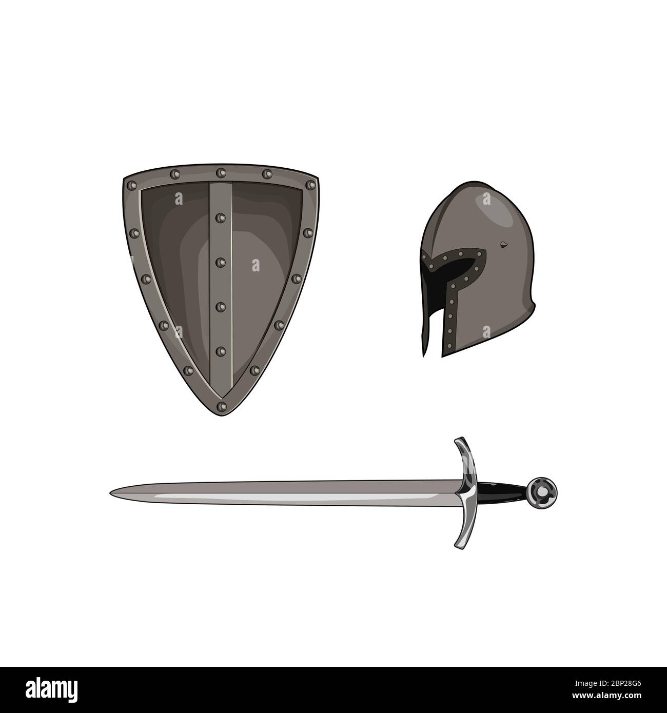 Metal middle age armour set. Steel knight helmet, shield, sword, blade. Vector graphic illustration. Isolated white background Stock Vector