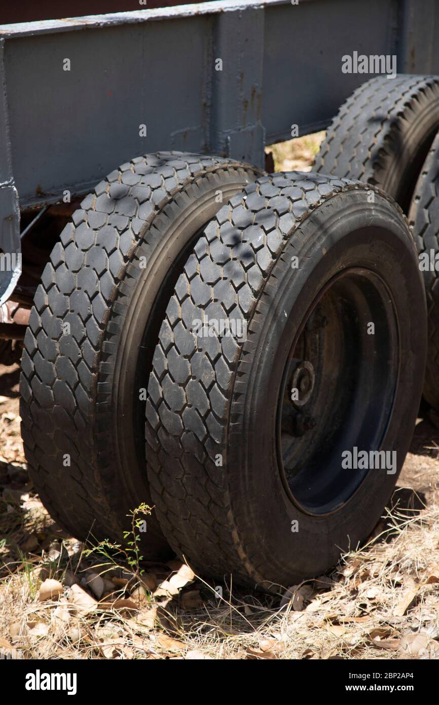 closeup of the front wheel of a lorry Stock Photo