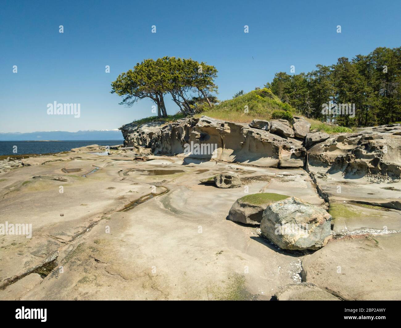 On an extreme low tide, a small, eroded islet in British Columbia's Flat Top Islands is surrounded by an expansive sandstone beach, normally submerged. Stock Photo