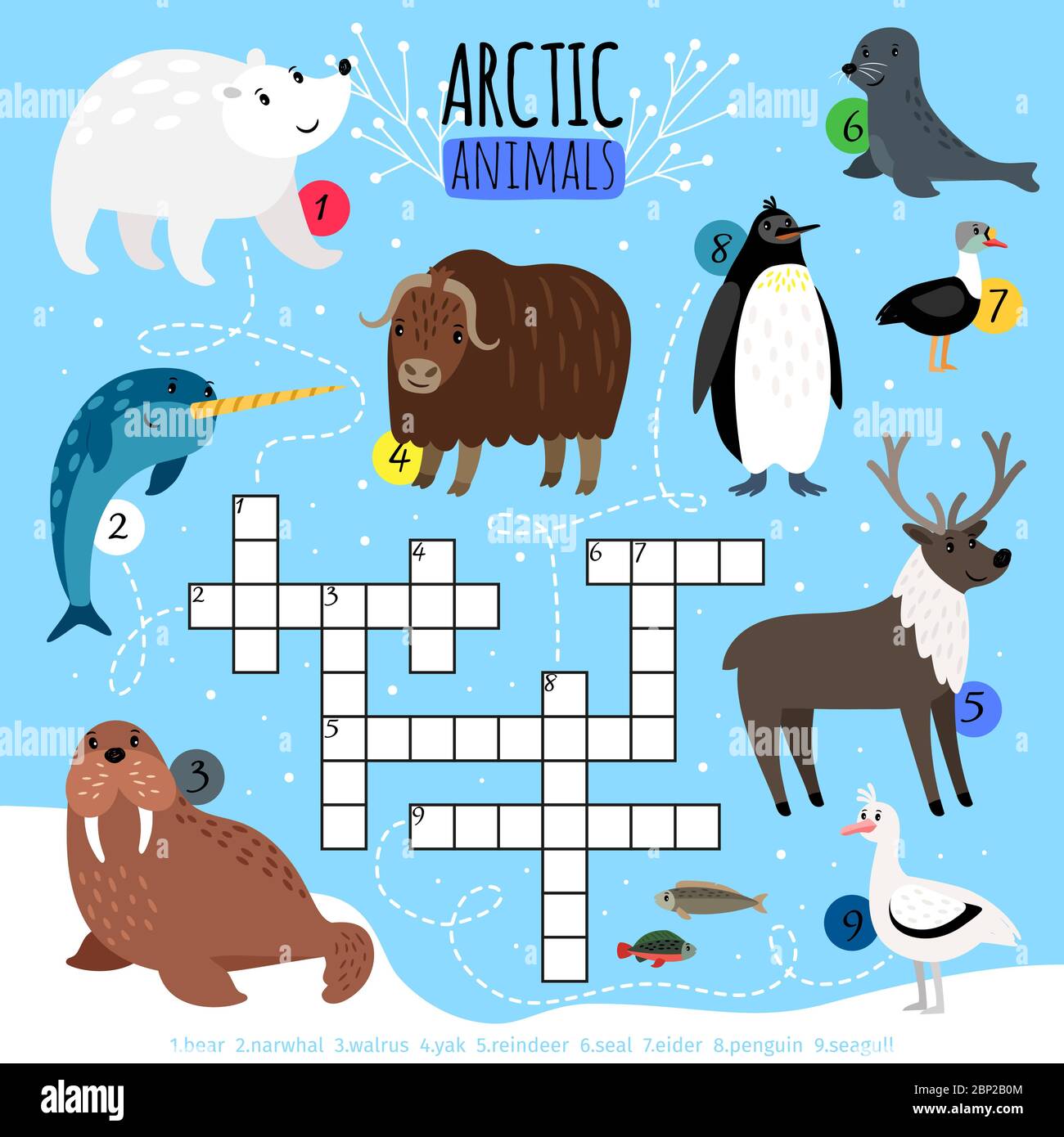 Arctic Crossword Puzzle Kids Words Cross Word Searching Game With Arctic Animals With Polar Bear And Walrus Reindeer And Penguin Vector Illustration Stock Vector Image Art Alamy