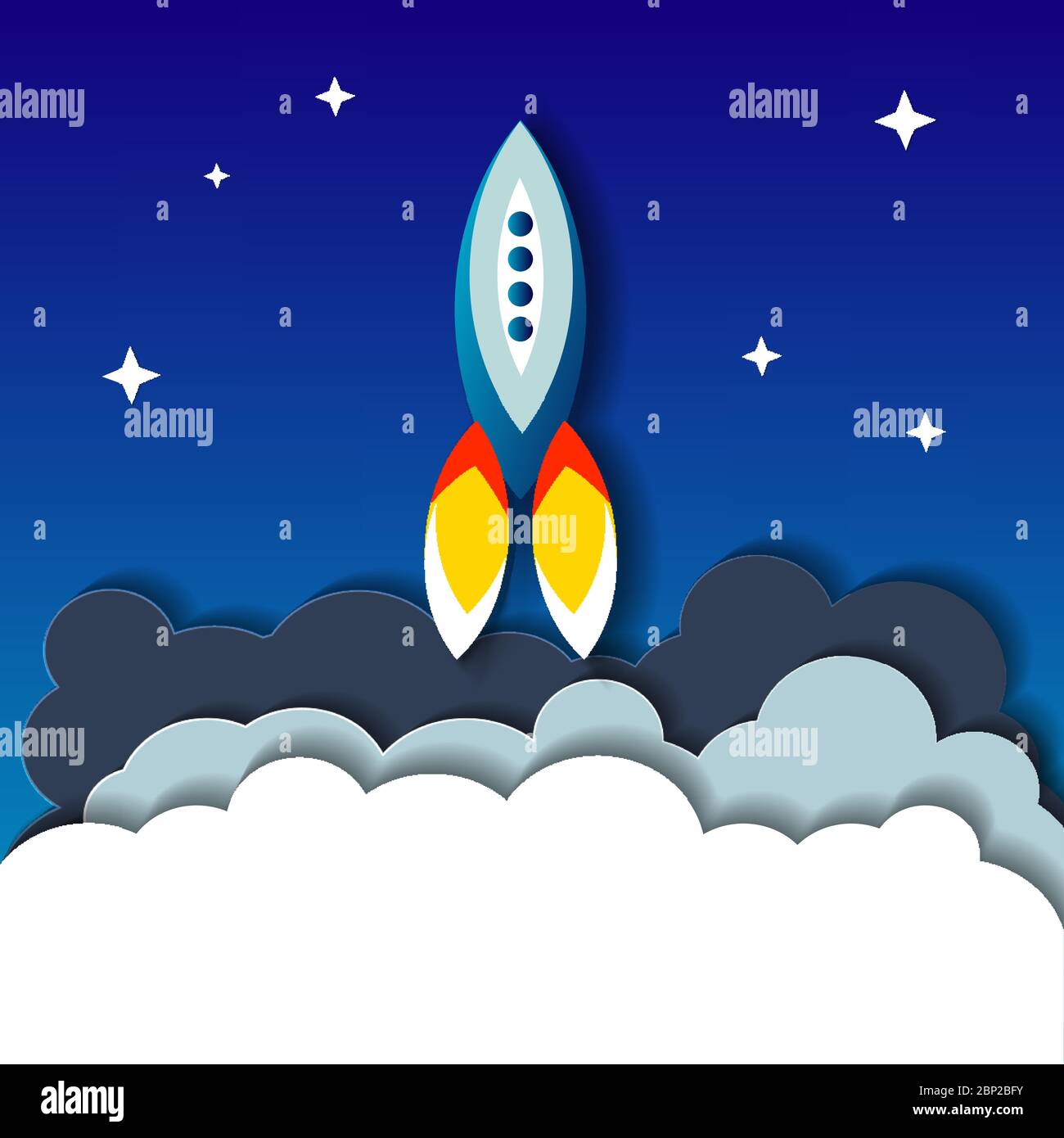 Flat illustration concept of space rocket ship startup on dark background of mountains and starry sky. Stock Vector