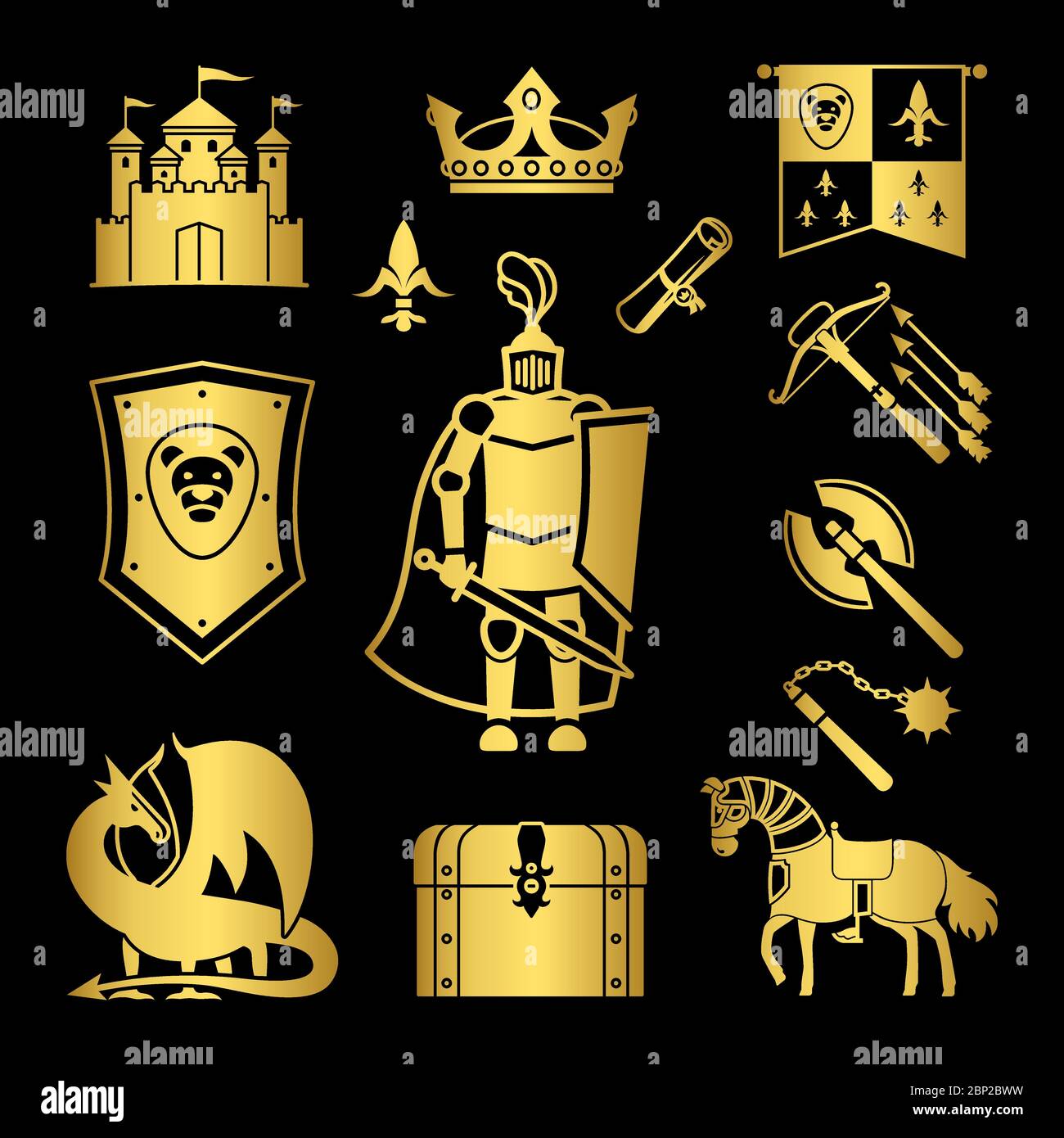 Knighthood in middle ages icons. Gold medieval ancient armor and coat