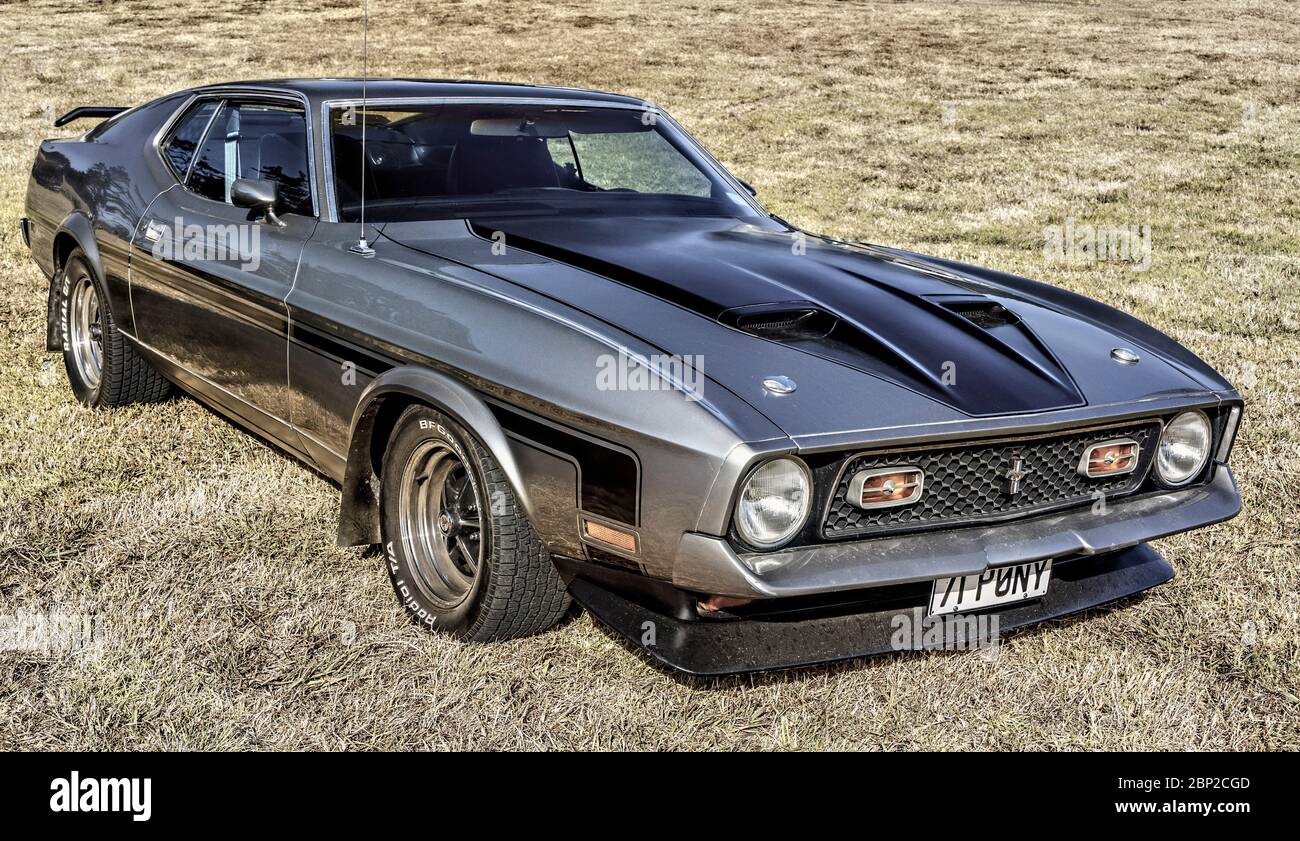 1971 Mach 1 Ford Mustang in grey and black livery, 7.2 litre. Stock Photo