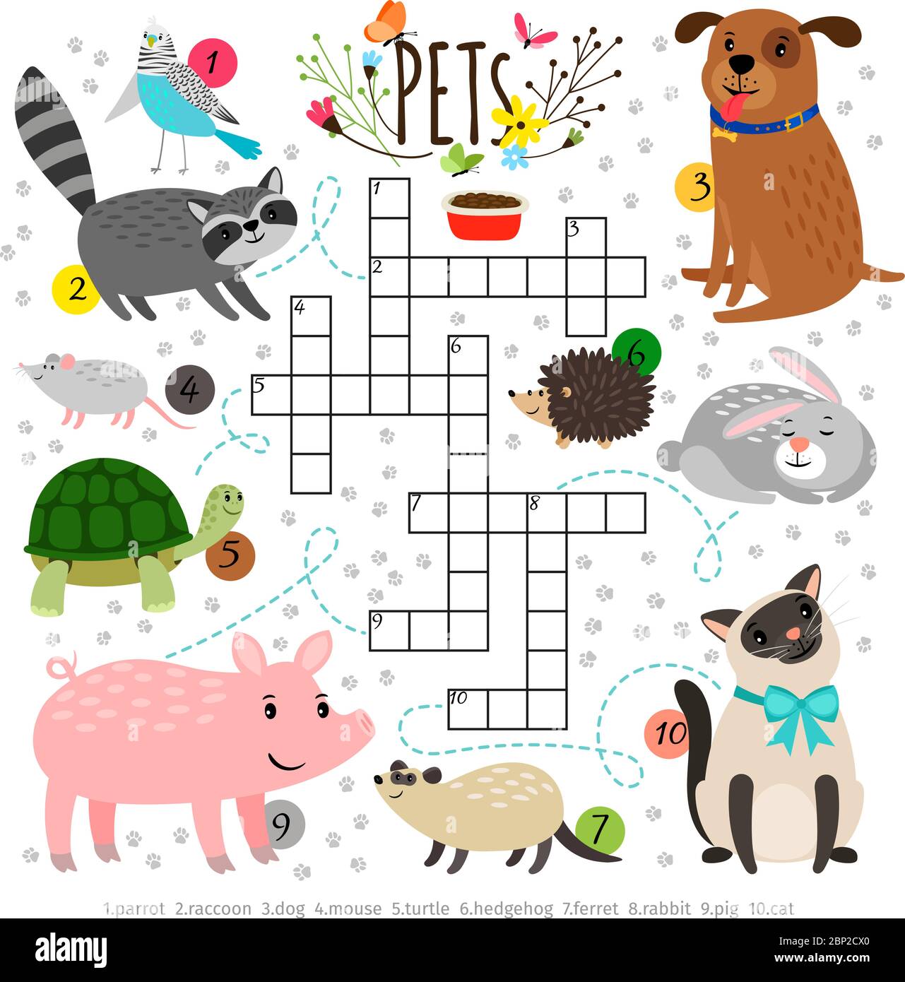 Kids crosswords with pets. Children crossing word search puzzle with