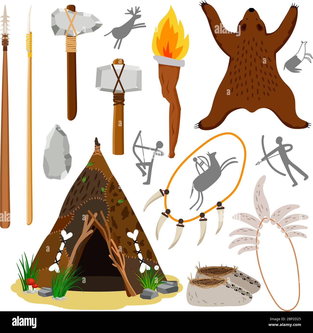 Set Of Items Of Primitive Man And Hunter. Weapons Of Caveman. Stone Age Club, Fire And Animal Skull. Totem And Wand Of Shaman. Lifestyle And Tool. Cartoon Illustration Royalty Free SVG, Cliparts