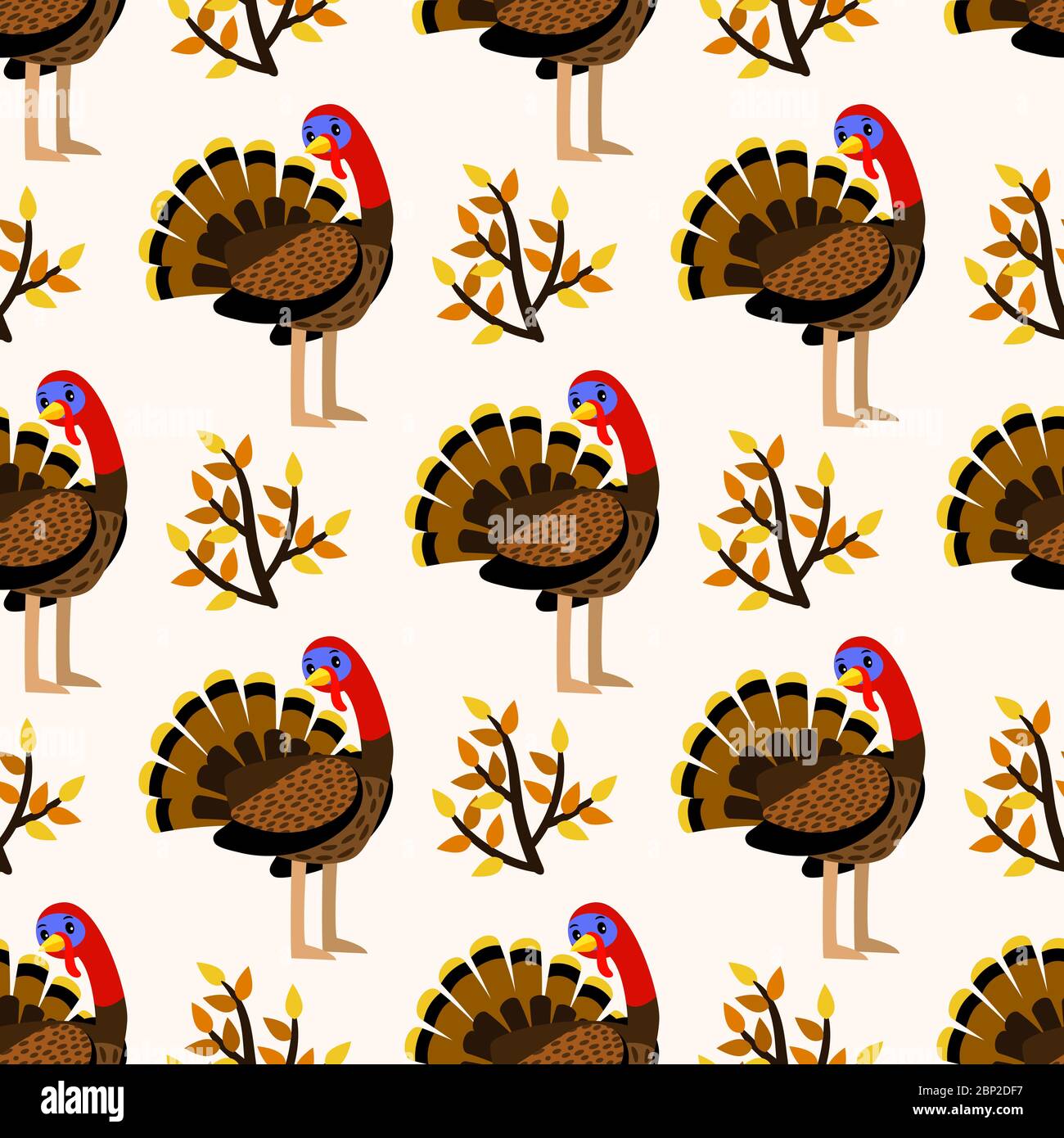Autumn seamless pattern with cartoon turkey and branches. Thanksgiving ...