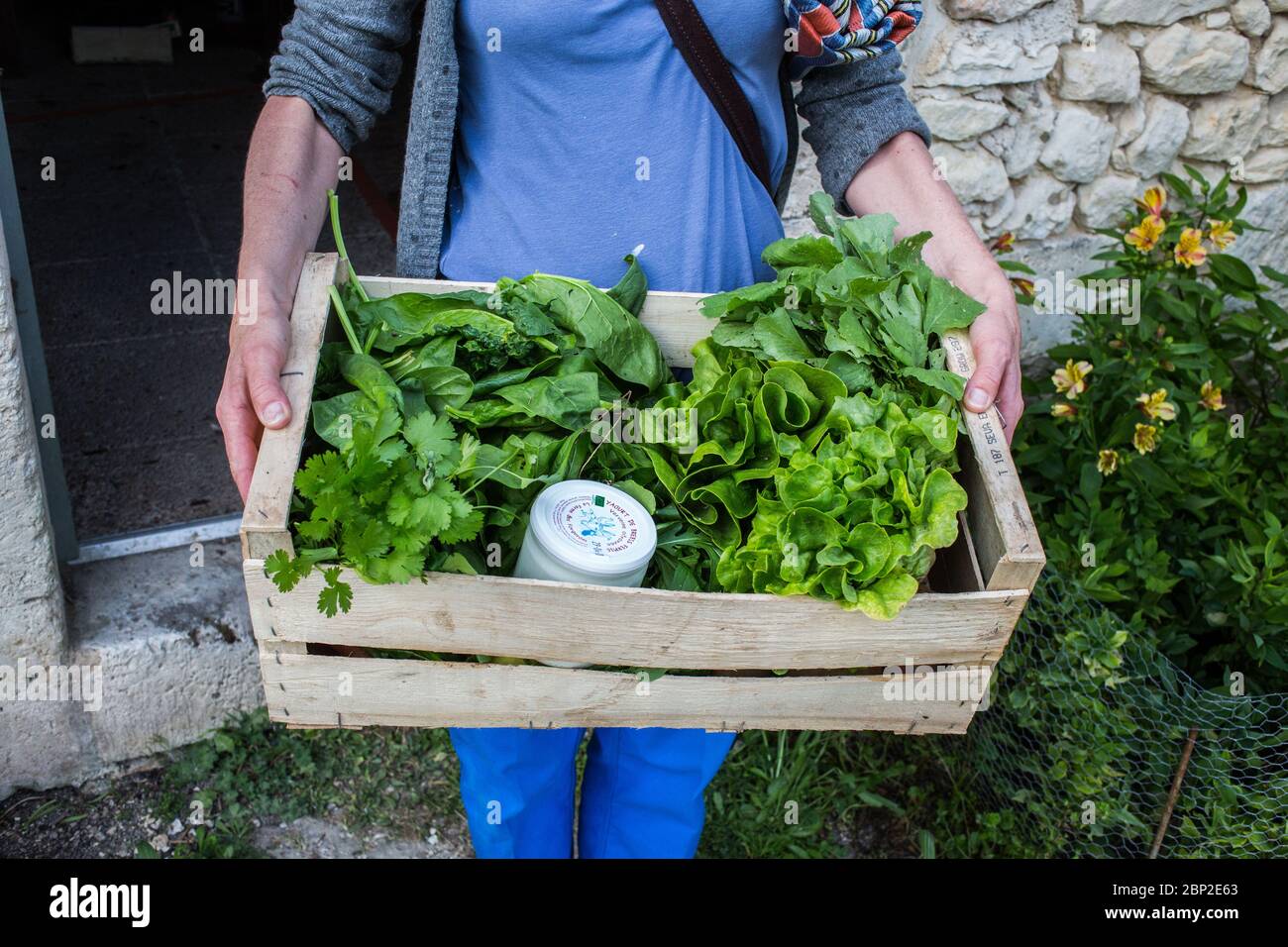 Sale of organic food on the farm, Dordogne, France. Stock Photo