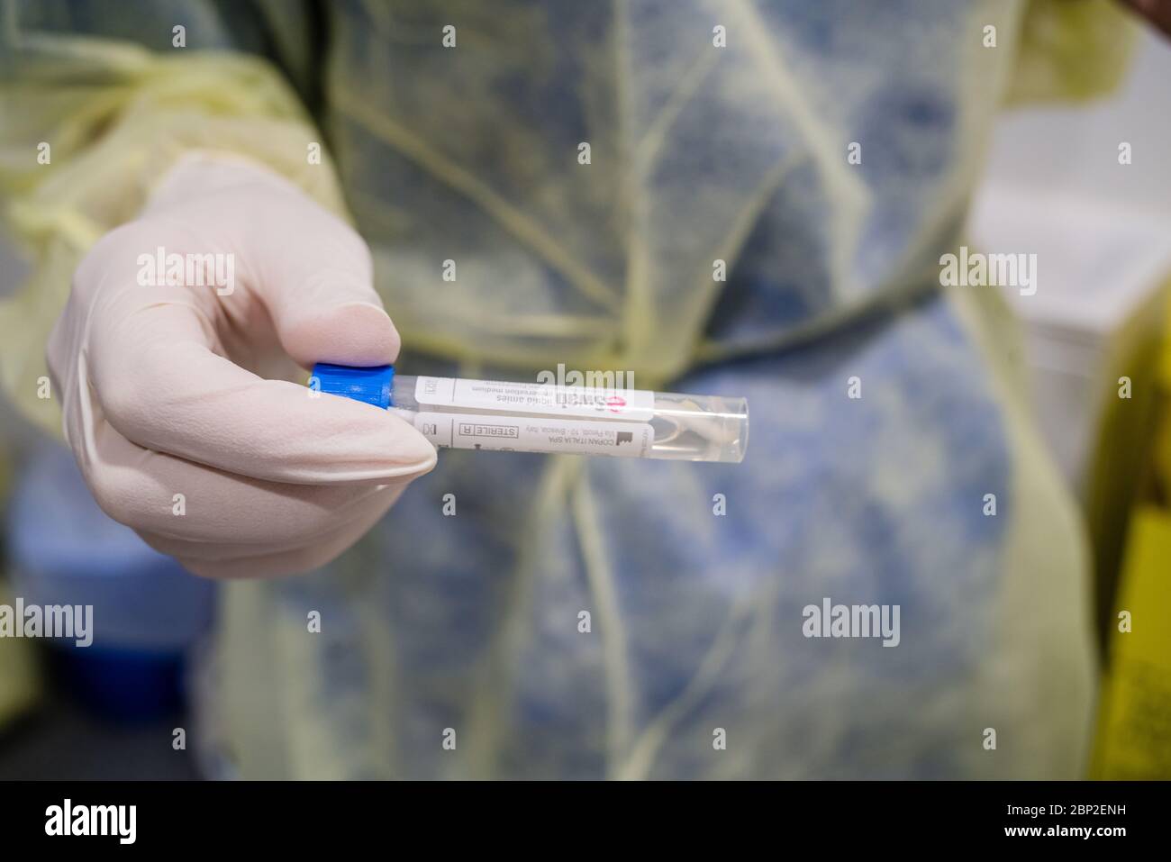 Covid 19 screening test, nasal swab , Cosem Mirosmenil Medical Center, Paris . Stock Photo