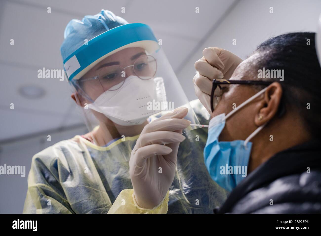 Covid 19 PCR screening test, nasal swab , Cosem Mirosmenil Medical Center, Paris. Stock Photo