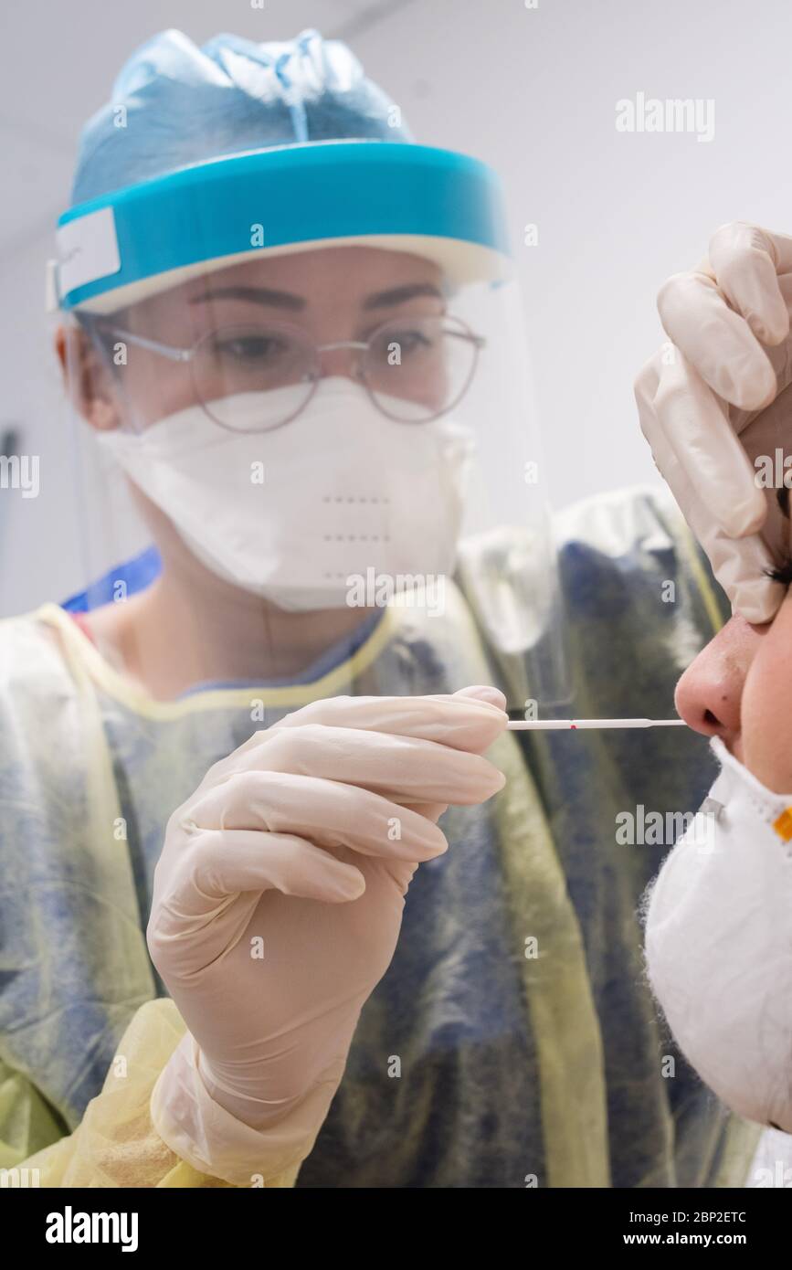 Covid 19 PCR screening test, nasal swab , Cosem Mirosmenil Medical Center, Paris. Stock Photo