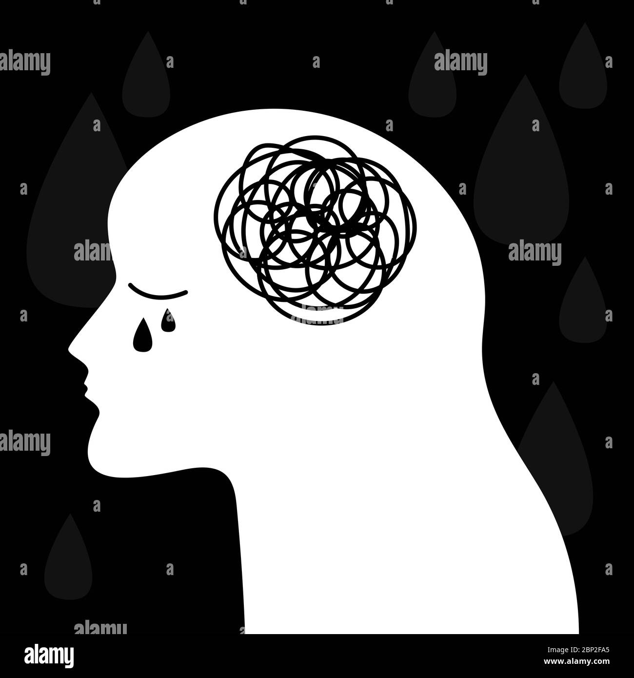 Profile of lonely crying girl with tangle of thoughts in her head. Symbol of sadness, sadness and depression. Vector illustration Stock Vector