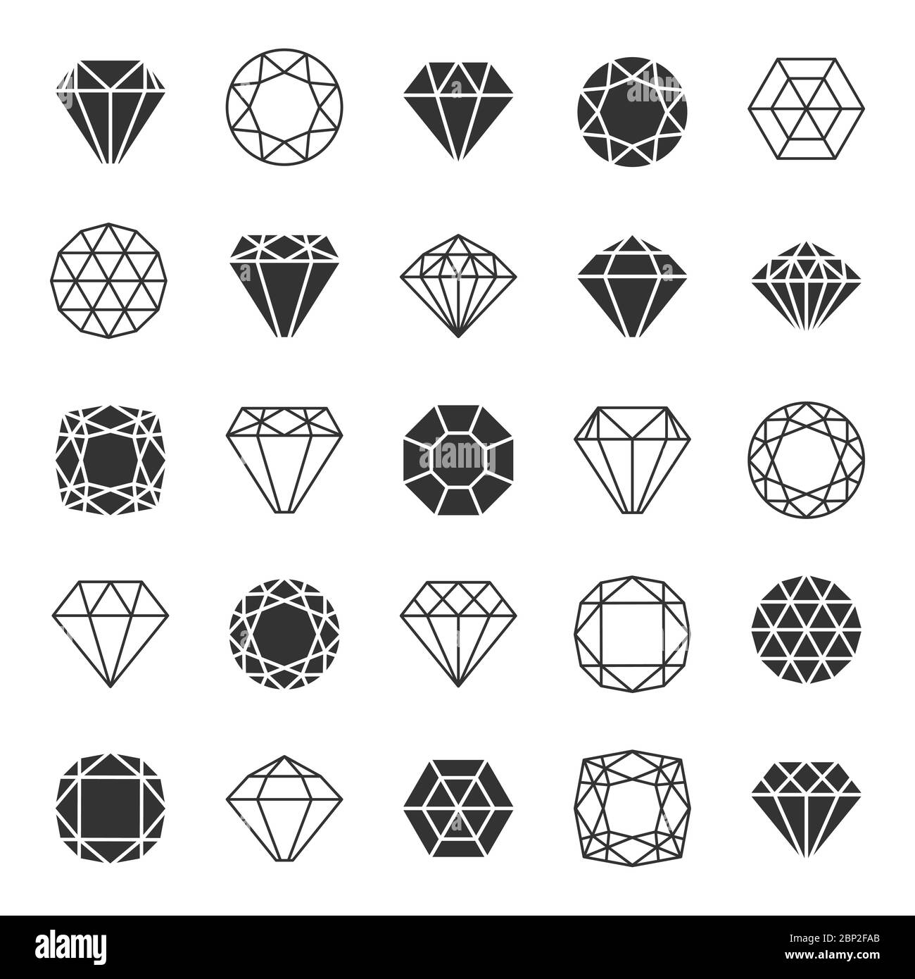 Diamond or brilliants icons set. Line and silhouette diamonds vector