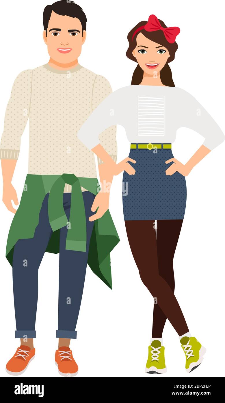 Young casual happy couple isolated on white background. Vector ...