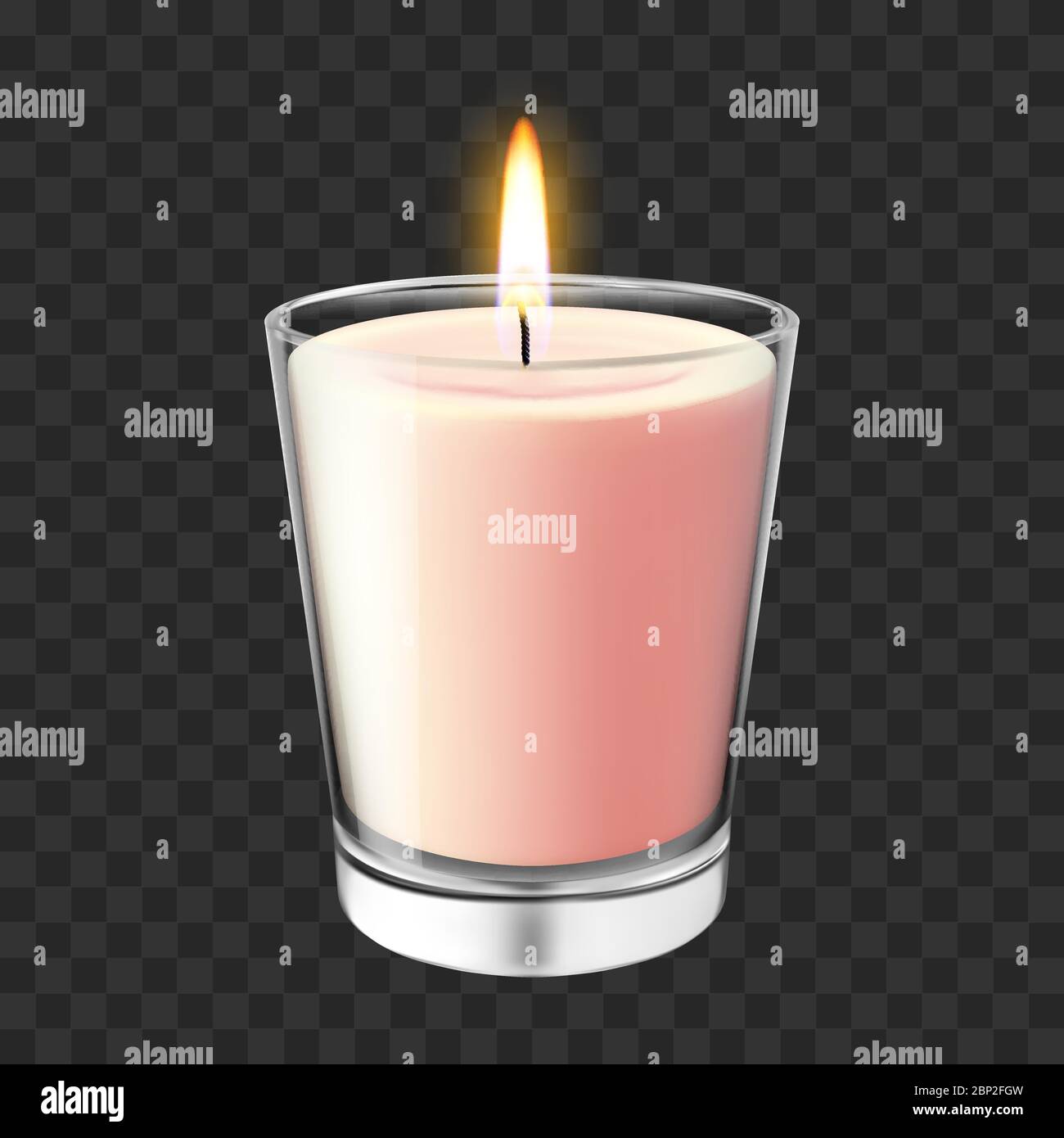 Realistic glass candlestick. Flaming wax candle in glass jar, romantic